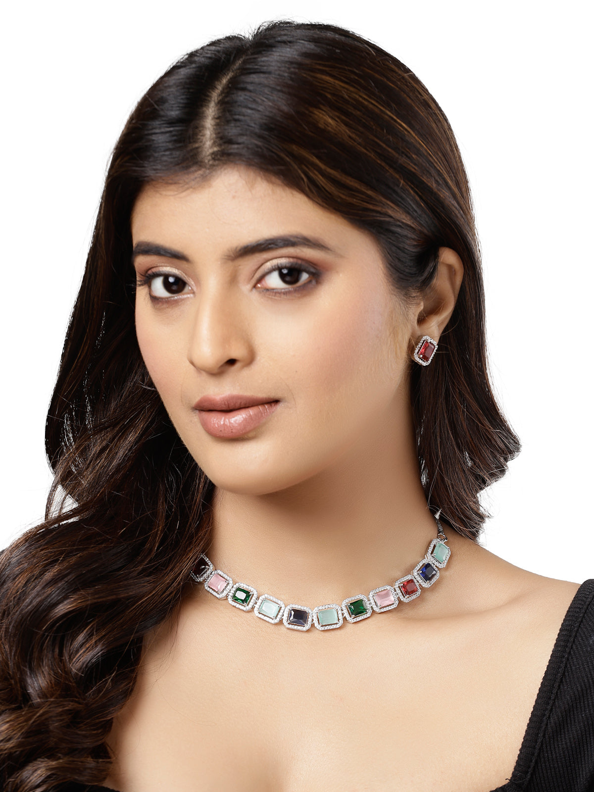 Sukkhi Most Beautiful Rhodium Plated Quadrate Shaped with Cubic Zirconia Stone Studded Silver Multicolor Choker Necklace Set with Studs Earrings For Women & Girls |Set of 1|NS106824