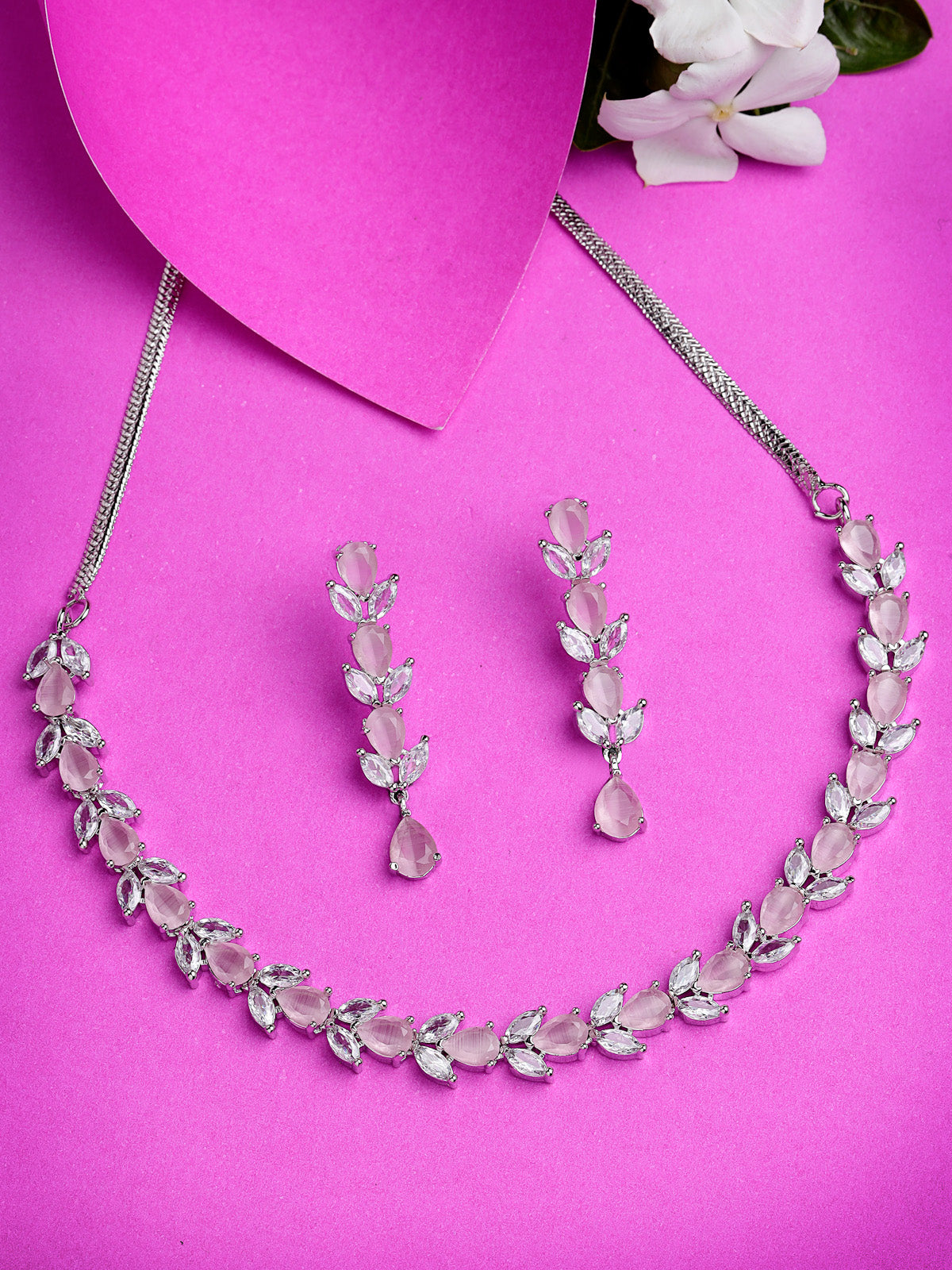 Sukkhi Good-Looking Rhodium Plated Drop & Leave Shaped with Cubic Zirconia Stones Studded Silver Pink Choker Necklace Set with Dangler Earrings Jewellery Set for Women & Girls |Set of 1|NS106825