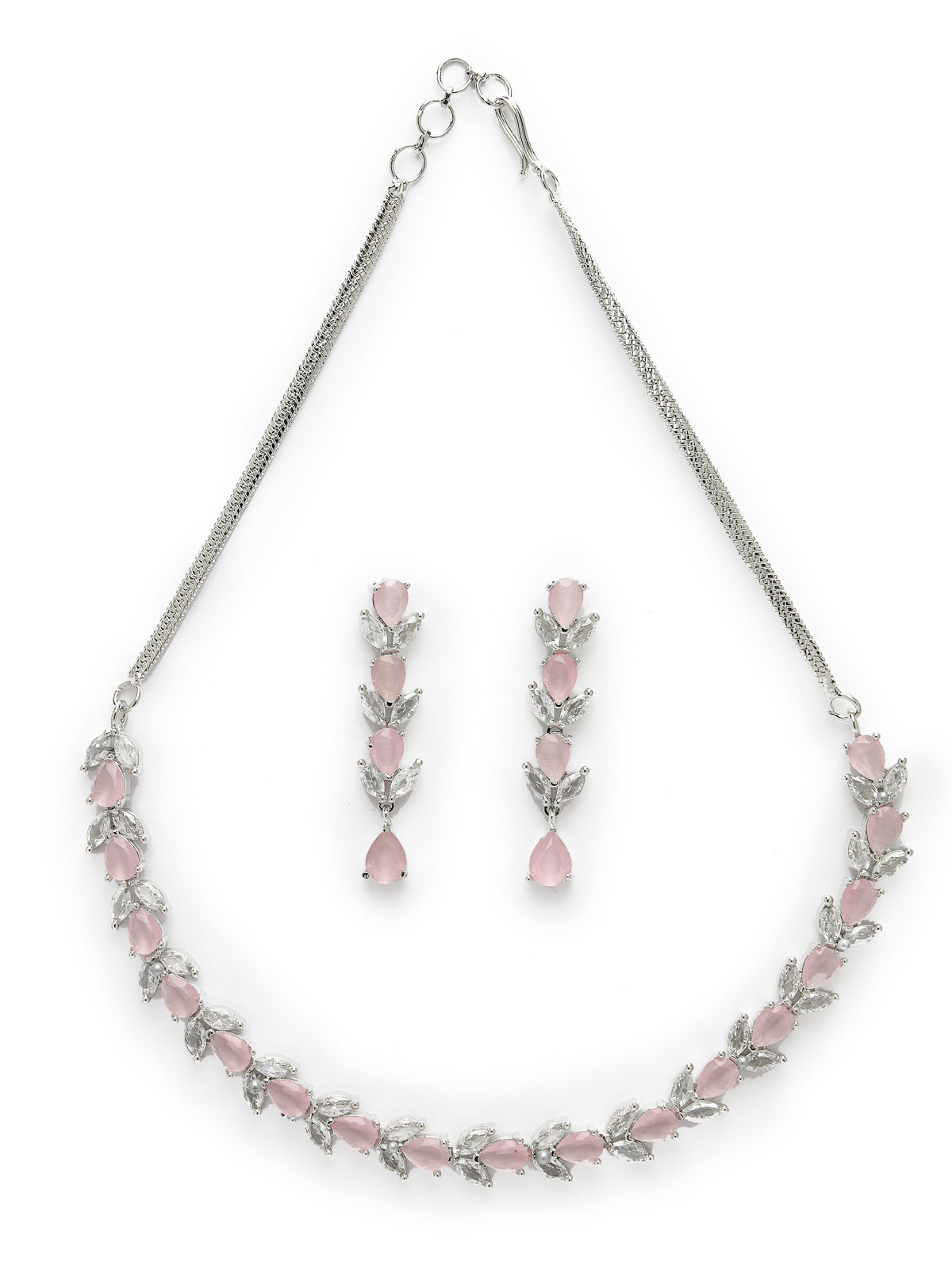 Sukkhi Good-Looking Rhodium Plated Drop & Leave Shaped with Cubic Zirconia Stones Studded Silver Pink Choker Necklace Set with Dangler Earrings Jewellery Set for Women & Girls |Set of 1|NS106825