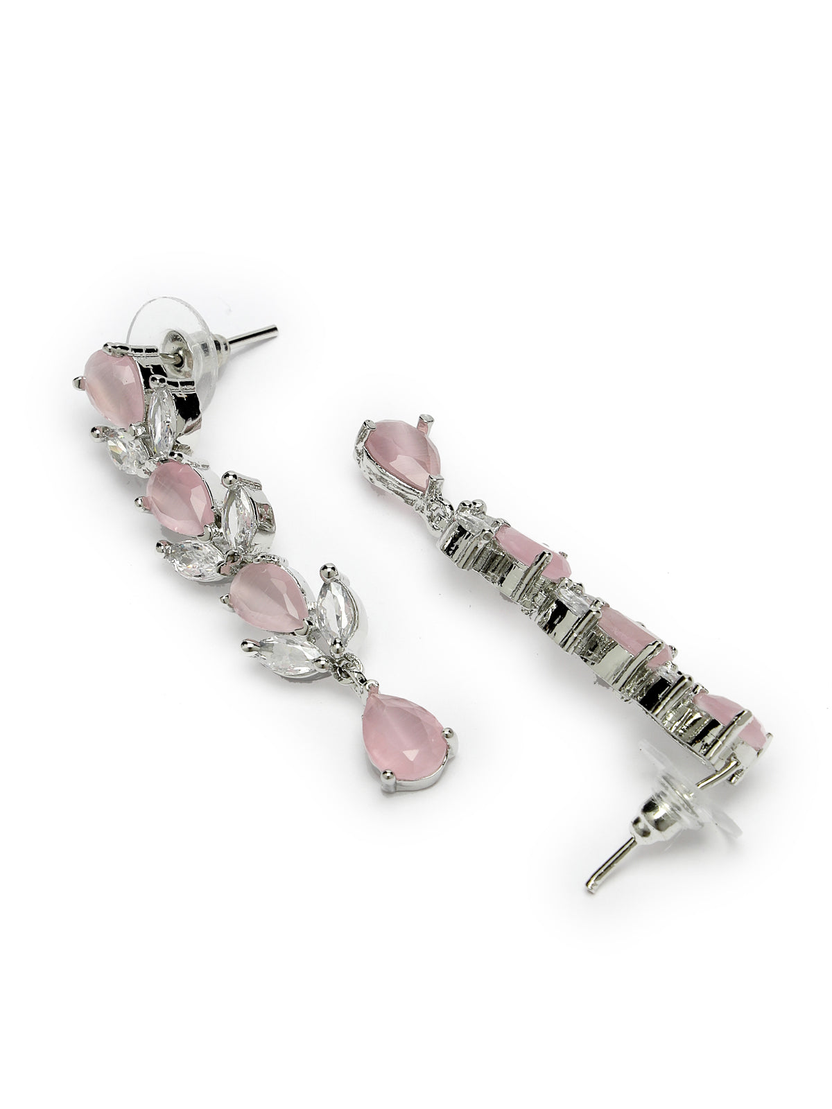 Sukkhi Good-Looking Rhodium Plated Drop & Leave Shaped with Cubic Zirconia Stones Studded Silver Pink Choker Necklace Set with Dangler Earrings Jewellery Set for Women & Girls |Set of 1|NS106825