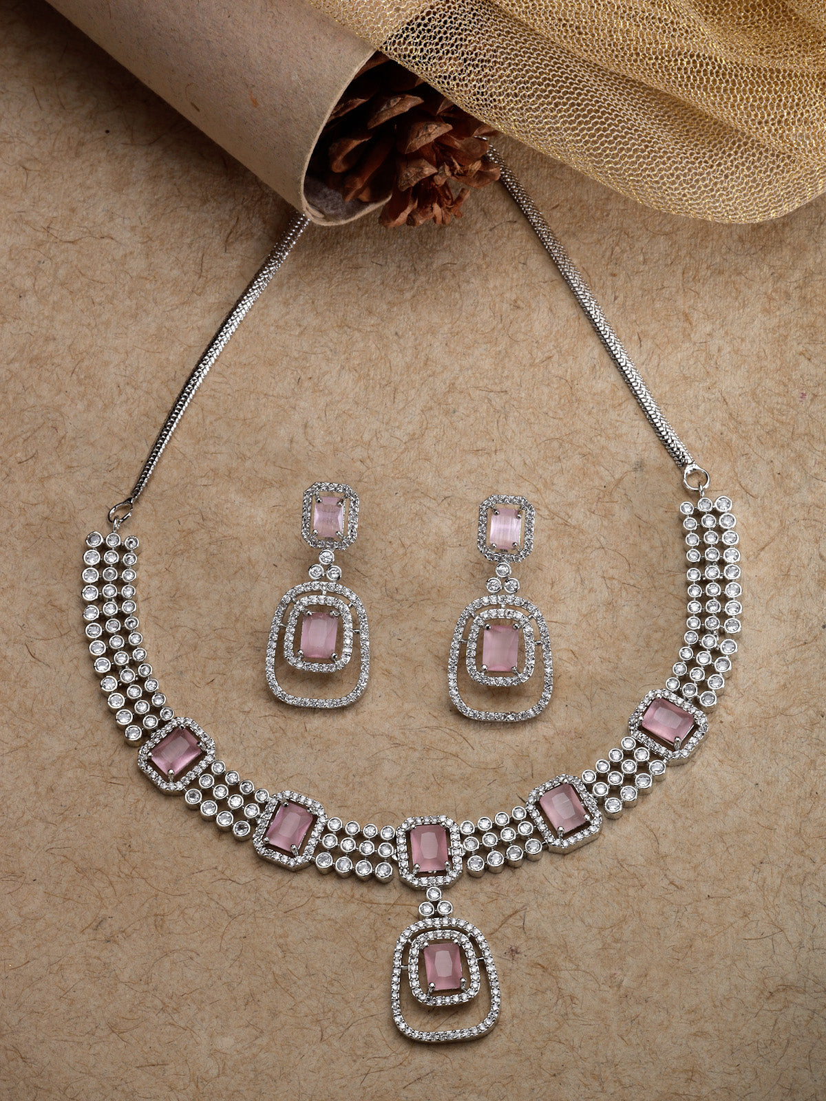 Sukkhi Pretty Pink Rhodium Plated Quadrate Shaped with Cubic Zirconia Stones Studded Silver Choker Necklace Set with Dangler Earrings Jewellery Set For Women & Girls |Set of 1|NS106826