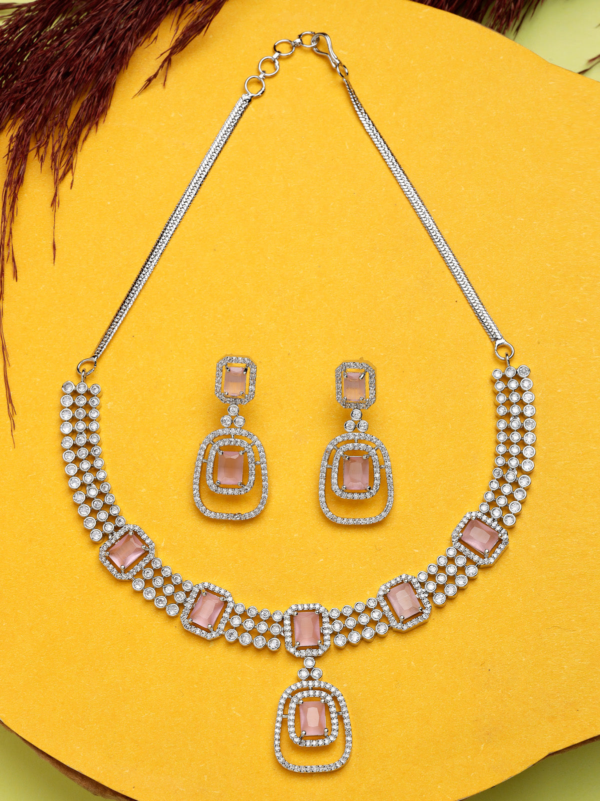 Sukkhi Pretty Pink Rhodium Plated Quadrate Shaped with Cubic Zirconia Stones Studded Silver Choker Necklace Set with Dangler Earrings Jewellery Set For Women & Girls |Set of 1|NS106826