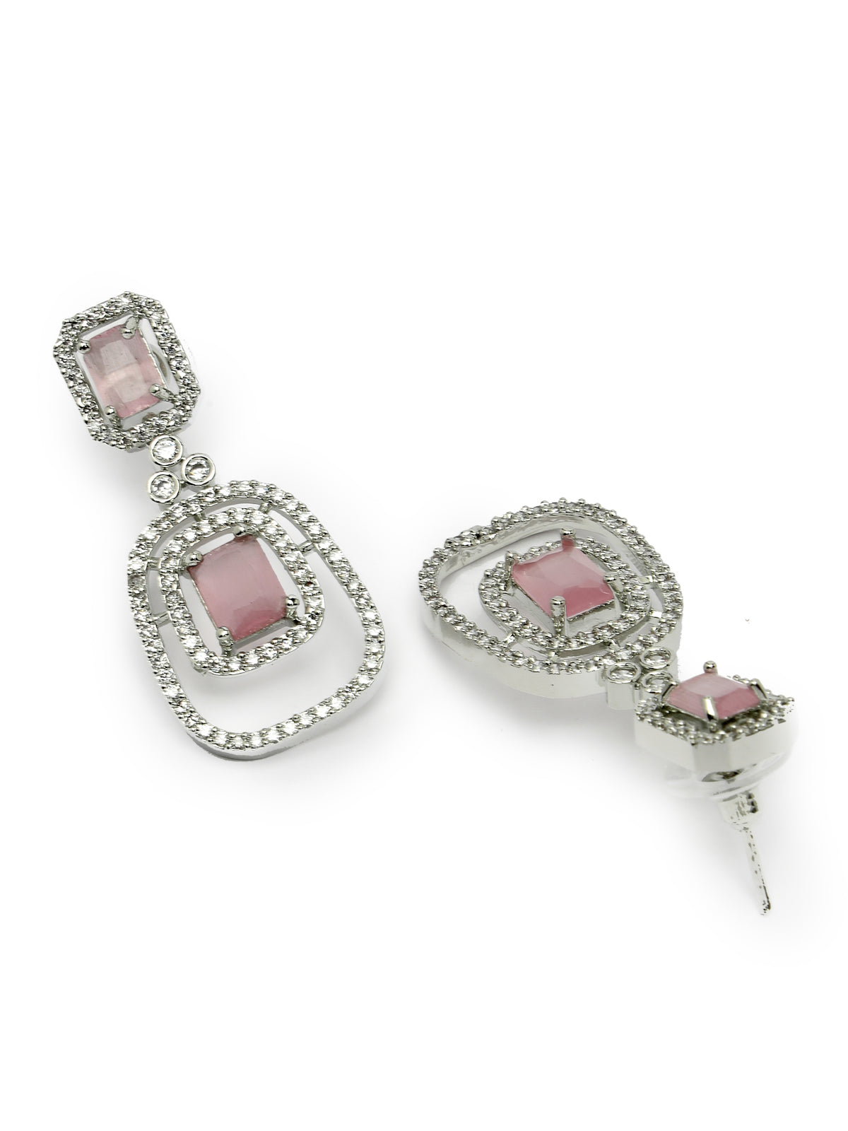 Sukkhi Pretty Pink Rhodium Plated Quadrate Shaped with Cubic Zirconia Stones Studded Silver Choker Necklace Set with Dangler Earrings Jewellery Set For Women & Girls |Set of 1|NS106826