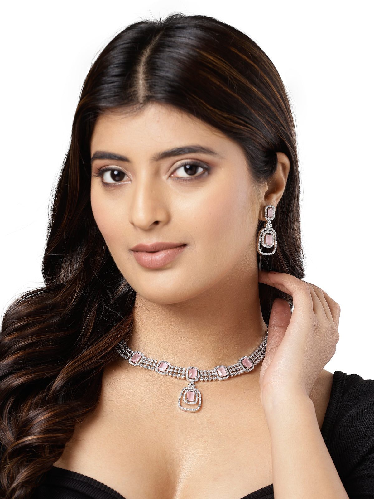 Sukkhi Pretty Pink Rhodium Plated Quadrate Shaped with Cubic Zirconia Stones Studded Silver Choker Necklace Set with Dangler Earrings Jewellery Set For Women & Girls |Set of 1|NS106826