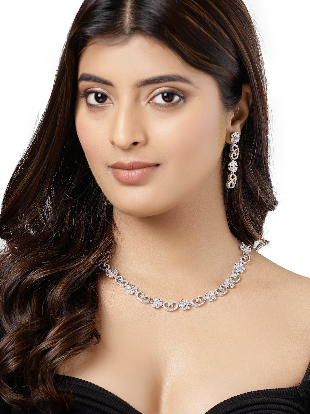 Sukkhi Sparkling Rhodium Plated Floral Shaped with Cubic Zirconia Stone Studded Silver Pink Choker Necklace Set with Dangler Earrings Jewellery Set For Women & Girls |Set of 1|NS106828
