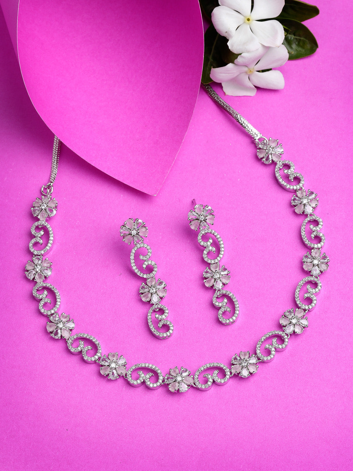 Sukkhi Sparkling Rhodium Plated Floral Shaped with Cubic Zirconia Stone Studded Silver Pink Choker Necklace Set with Dangler Earrings Jewellery Set For Women & Girls |Set of 1|NS106828
