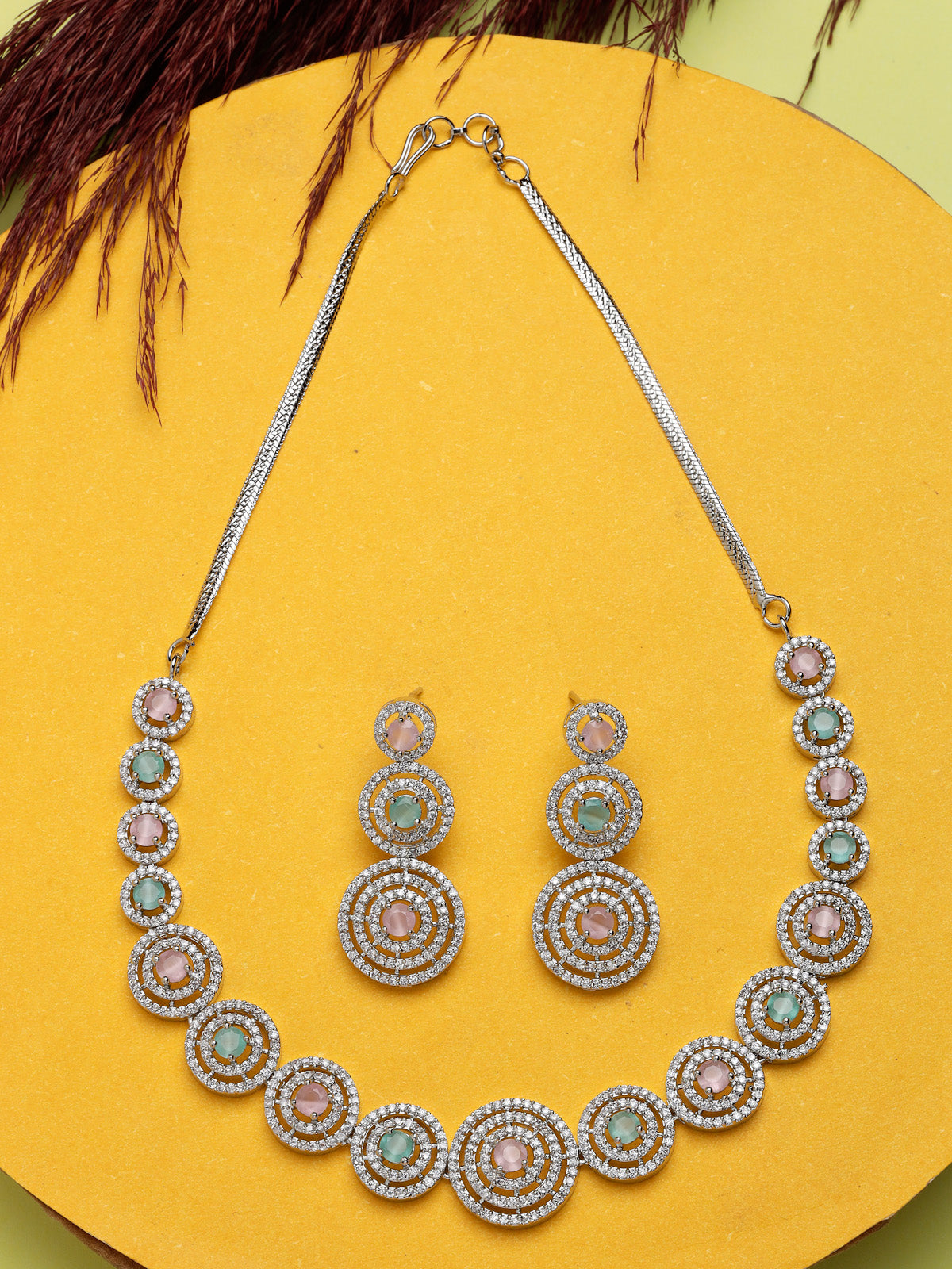 Sukkhi Decent Rhodium Plated Round Shaped with Cubic Zirconia Stones Studded Silver Pink & Green Choker Necklace Set with Dangler Earrings Jewellery Set for Women & Girls|Set of 1|NS106829