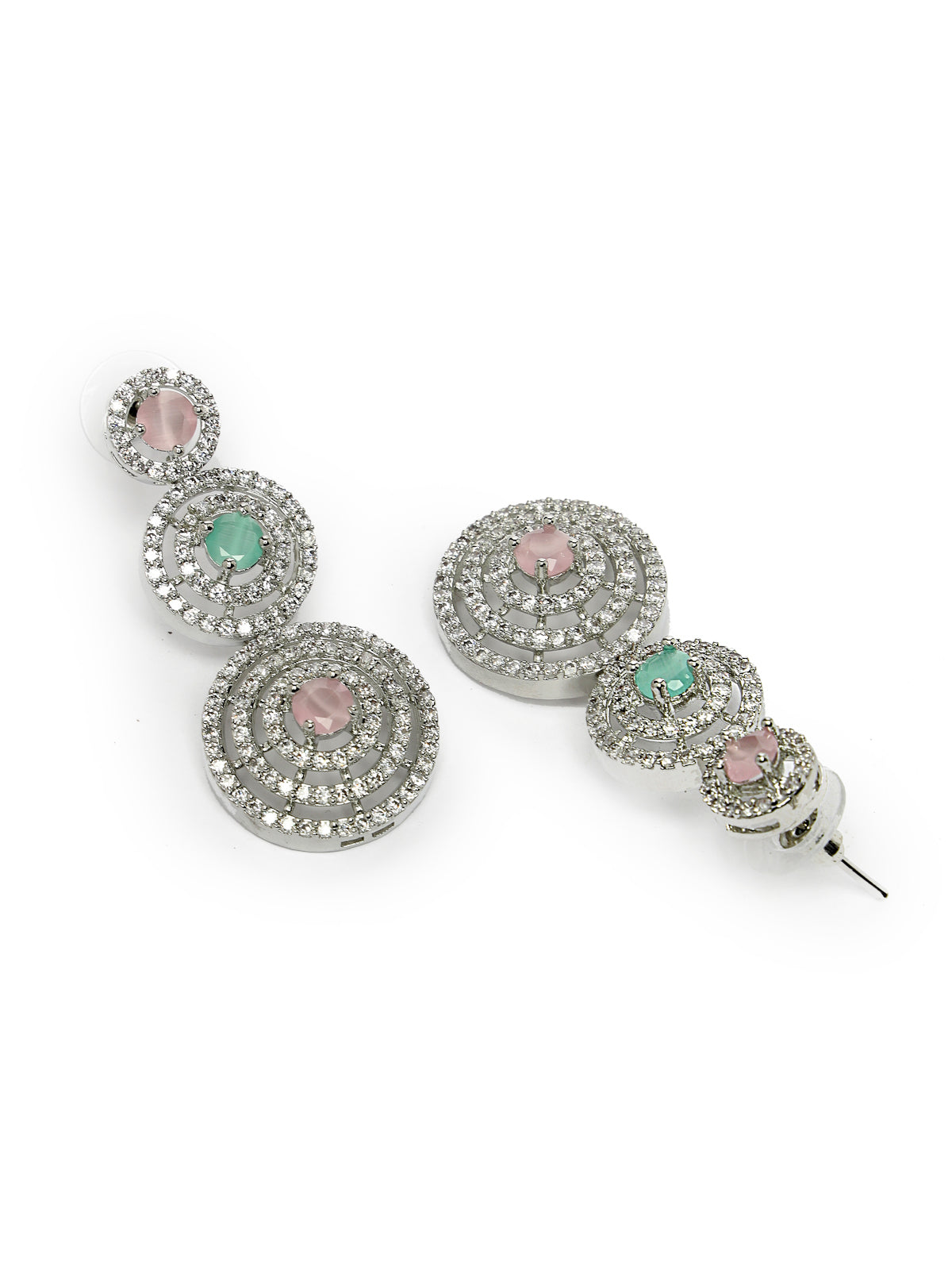 Sukkhi Decent Rhodium Plated Round Shaped with Cubic Zirconia Stones Studded Silver Pink & Green Choker Necklace Set with Dangler Earrings Jewellery Set for Women & Girls|Set of 1|NS106829