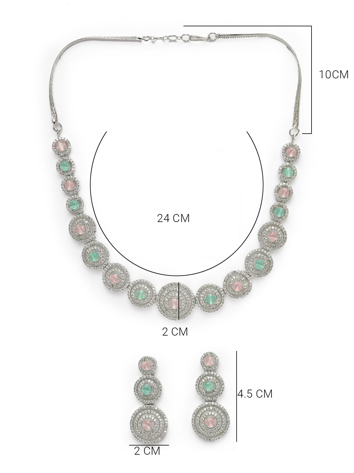 Sukkhi Decent Rhodium Plated Round Shaped with Cubic Zirconia Stones Studded Silver Pink & Green Choker Necklace Set with Dangler Earrings Jewellery Set for Women & Girls|Set of 1|NS106829