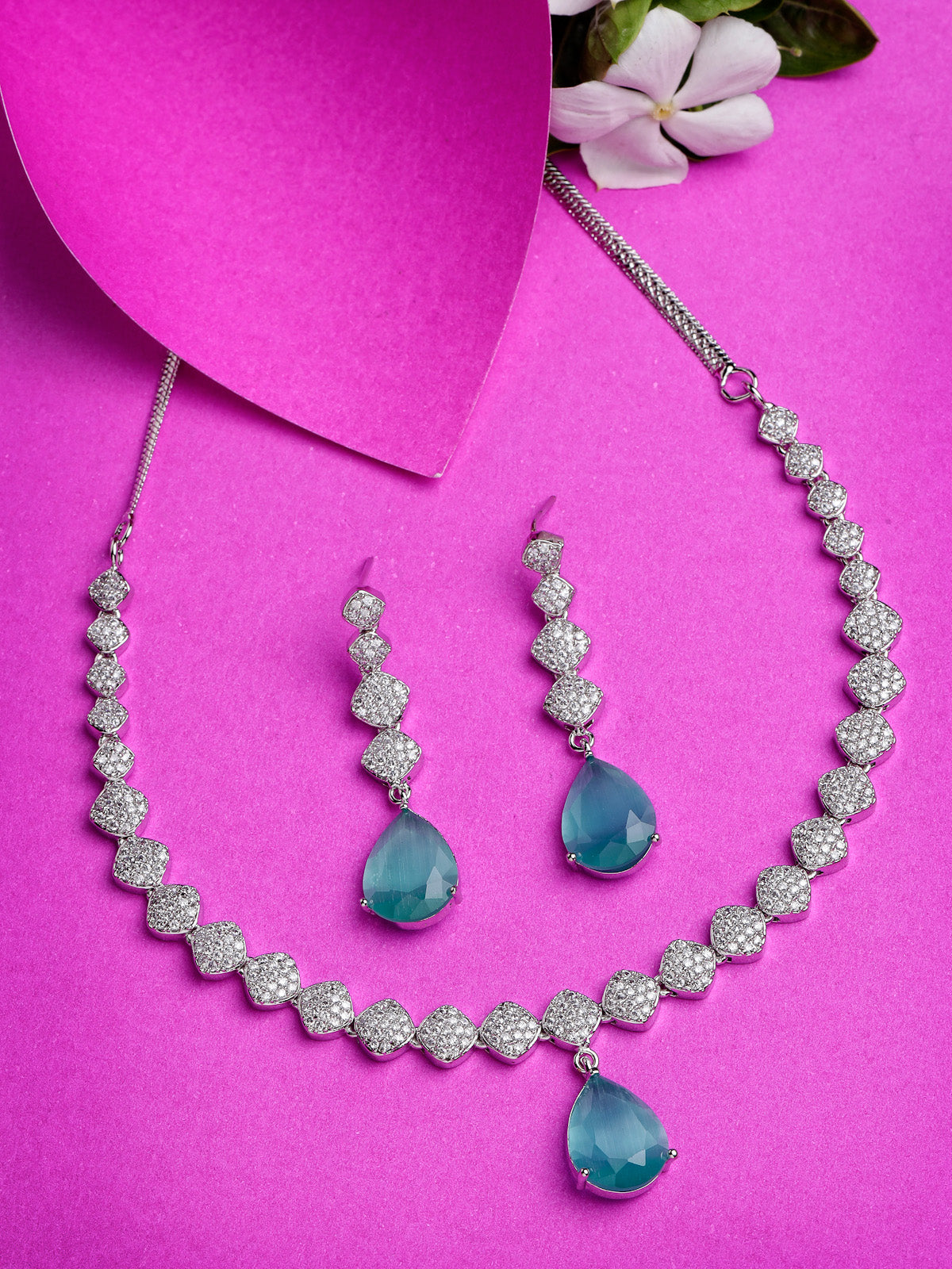 Sukkhi Attractive Rhodium Plated Drop Shaped with Cubic Zirconia Stones Studded Silver Blue Choker Necklace Set with Dangler Drop Earrings Jewellery Set for Women & Girls|NS106831