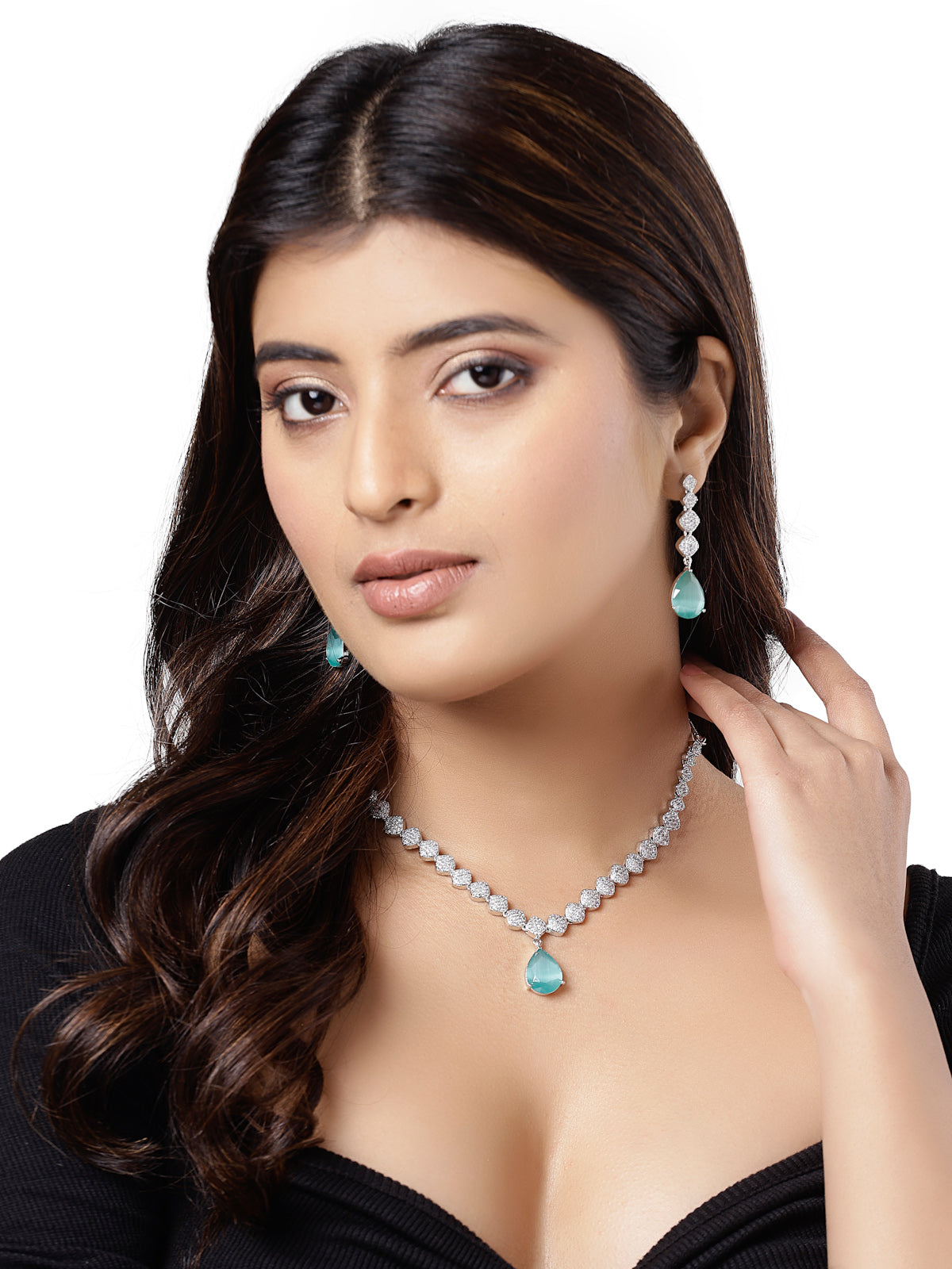 Sukkhi Attractive Rhodium Plated Drop Shaped with Cubic Zirconia Stones Studded Silver Blue Choker Necklace Set with Dangler Drop Earrings Jewellery Set for Women & Girls|NS106831