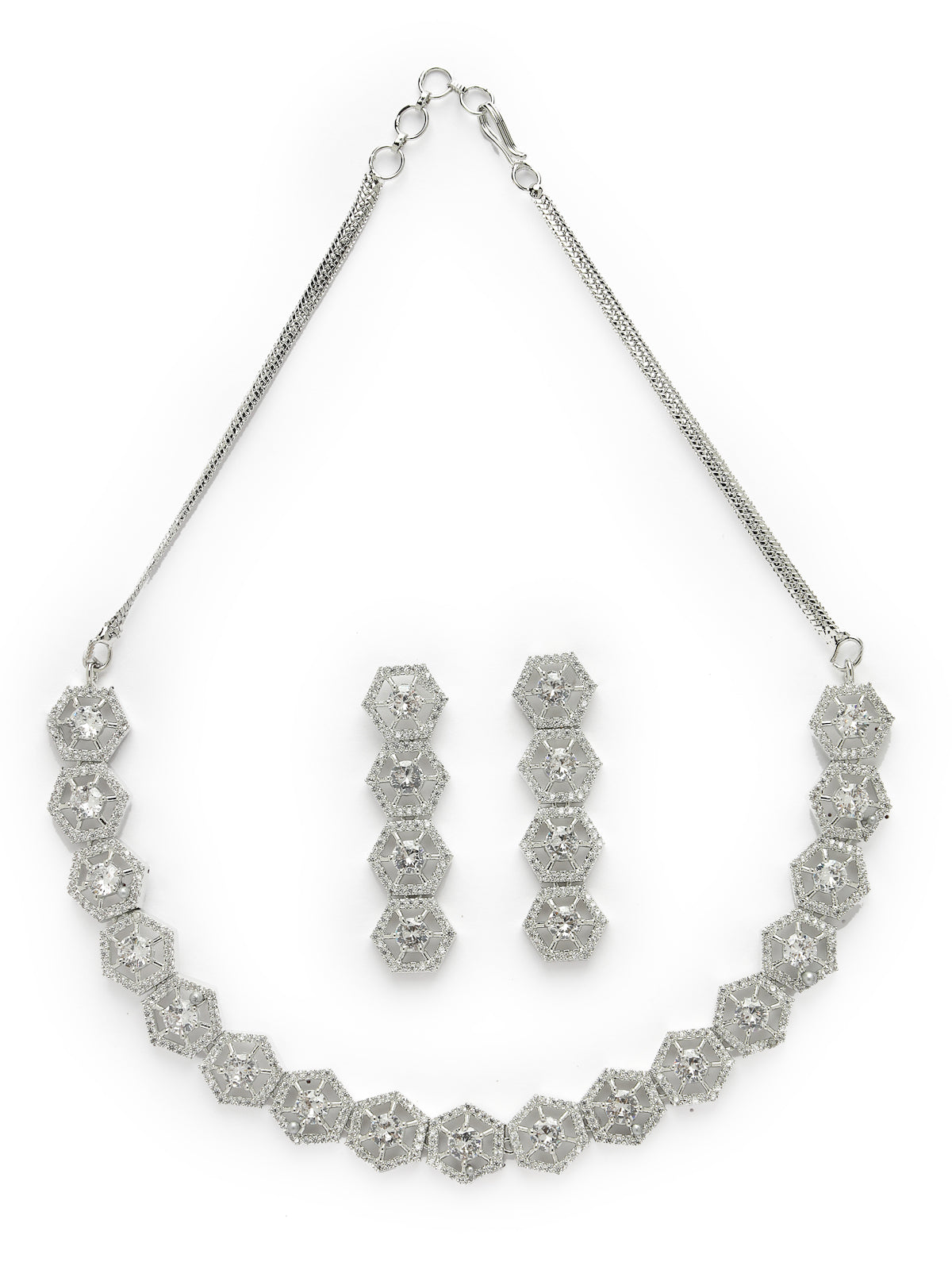 Sukkhi Universal Rhodium Plated Hexagon Shaped with Cubic Zirconia Stones Studded Silver Choker Necklace Set with Dangler Earrings Jewellery Set for Women & Girls|Set of 1|NS106834