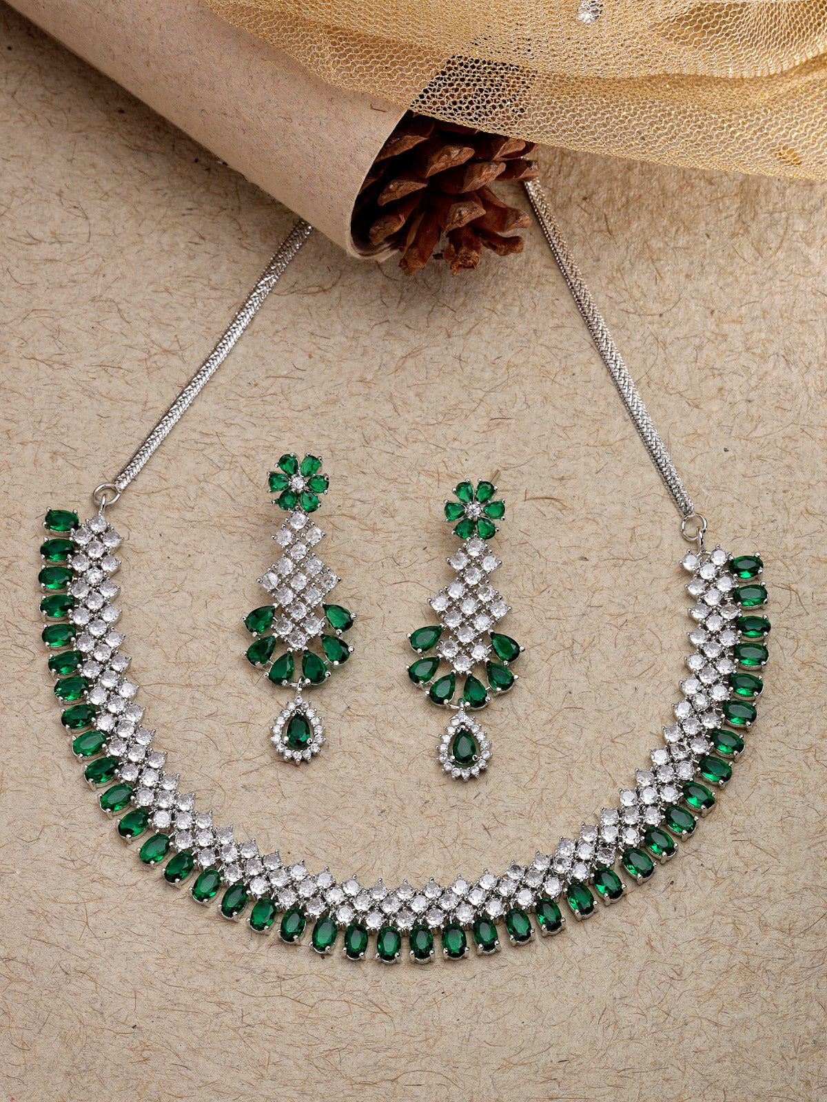 Sukkhi Urbane Rhodium Plated Cubic Zirconia Stones Studded Silver Green Choker Necklace Set with Dangler Earrings Jewellery Set for Women & Girls| Set of 1|NS106835