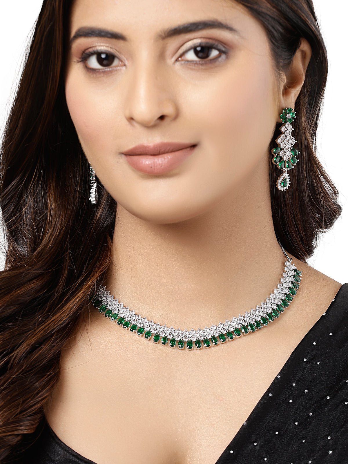 Sukkhi Urbane Rhodium Plated Cubic Zirconia Stones Studded Silver Green Choker Necklace Set with Dangler Earrings Jewellery Set for Women & Girls| Set of 1|NS106835