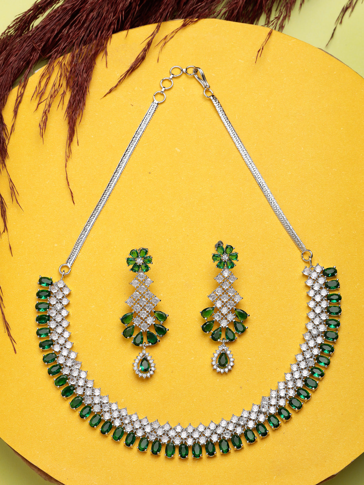 Sukkhi Urbane Rhodium Plated Cubic Zirconia Stones Studded Silver Green Choker Necklace Set with Dangler Earrings Jewellery Set for Women & Girls| Set of 1|NS106835