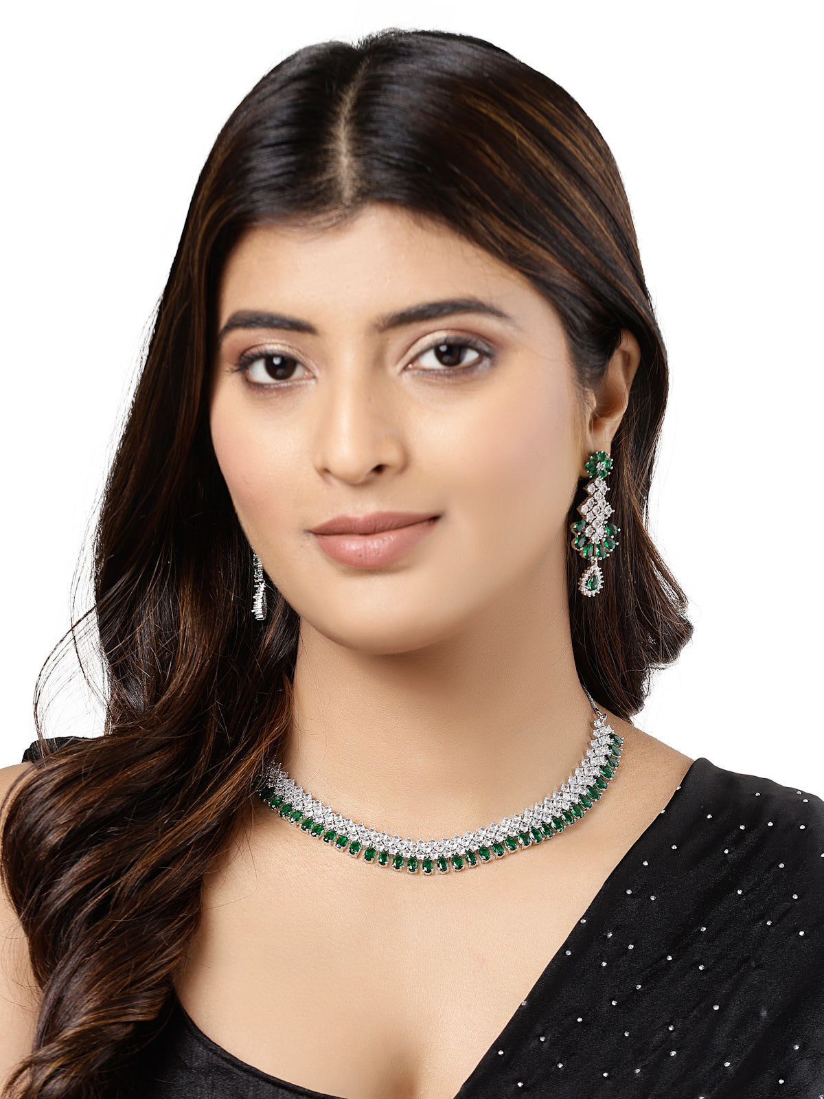 Sukkhi Urbane Rhodium Plated Cubic Zirconia Stones Studded Silver Green Choker Necklace Set with Dangler Earrings Jewellery Set for Women & Girls| Set of 1|NS106835