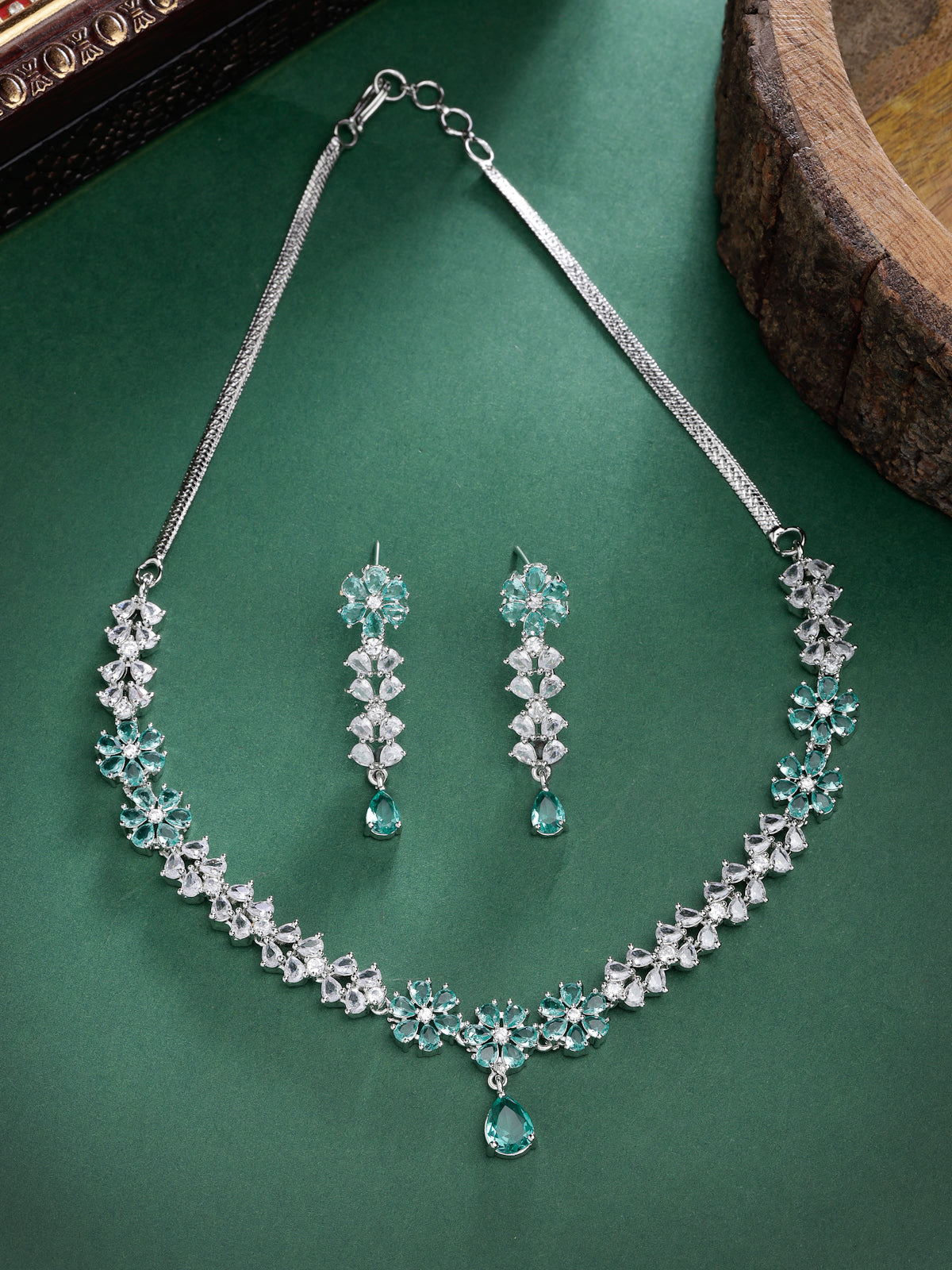 Sukkhi Bewitching Floral Rhodium Plated Cubic Zirconia Stone Studded Silver Blue Choker Necklace with Dangler Earrings Jewellery Setfor Women & Girls|NS106837