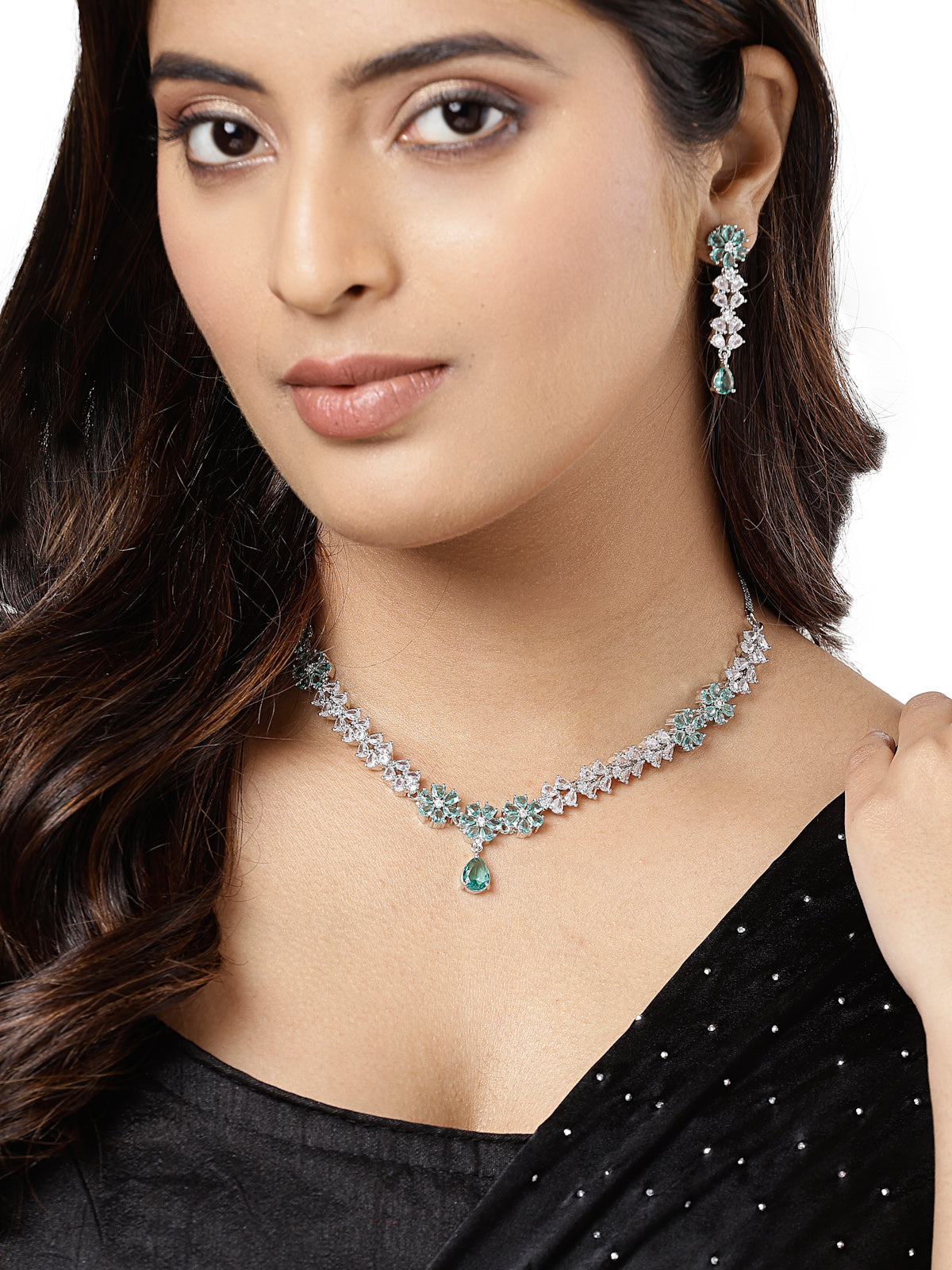 Sukkhi Bewitching Floral Rhodium Plated Cubic Zirconia Stone Studded Silver Blue Choker Necklace with Dangler Earrings Jewellery Setfor Women & Girls|NS106837