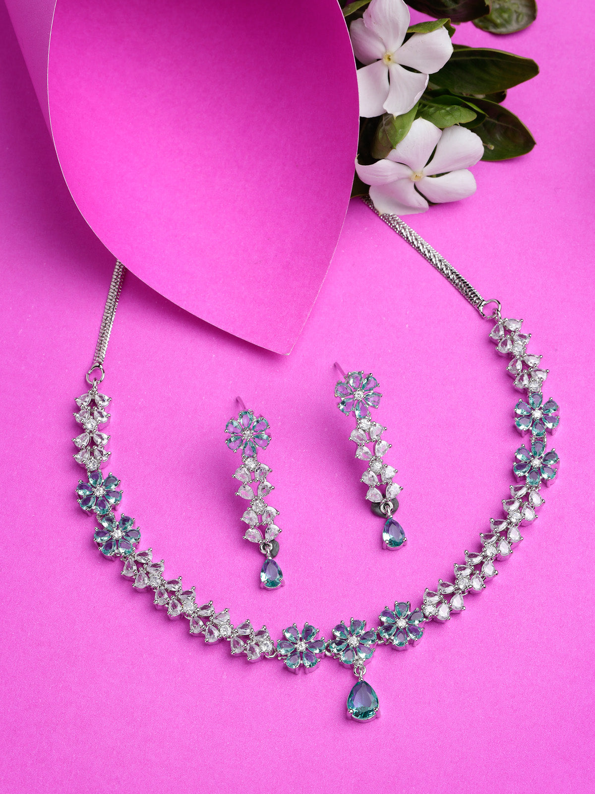 Sukkhi Bewitching Floral Rhodium Plated Cubic Zirconia Stone Studded Silver Blue Choker Necklace with Dangler Earrings Jewellery Setfor Women & Girls|NS106837
