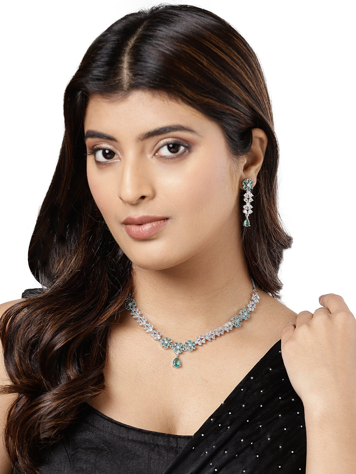 Sukkhi Bewitching Floral Rhodium Plated Cubic Zirconia Stone Studded Silver Blue Choker Necklace with Dangler Earrings Jewellery Setfor Women & Girls|NS106837