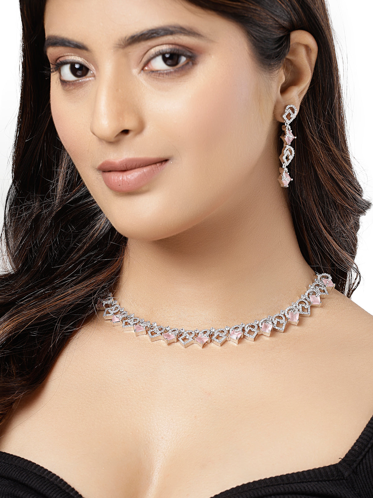 Sukkhi Charming Rhodium Plated Cubic Zirconia Stone Studded Pink Choker Necklace Set with Dangler Earrings Jewellery Set for Women & Girls|Set of 1|NS106839