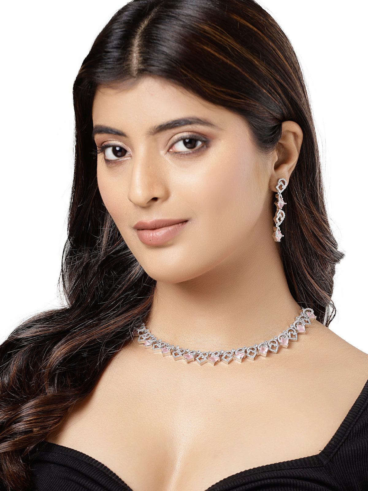 Sukkhi Charming Rhodium Plated Cubic Zirconia Stone Studded Pink Choker Necklace Set with Dangler Earrings Jewellery Set for Women & Girls|Set of 1|NS106839