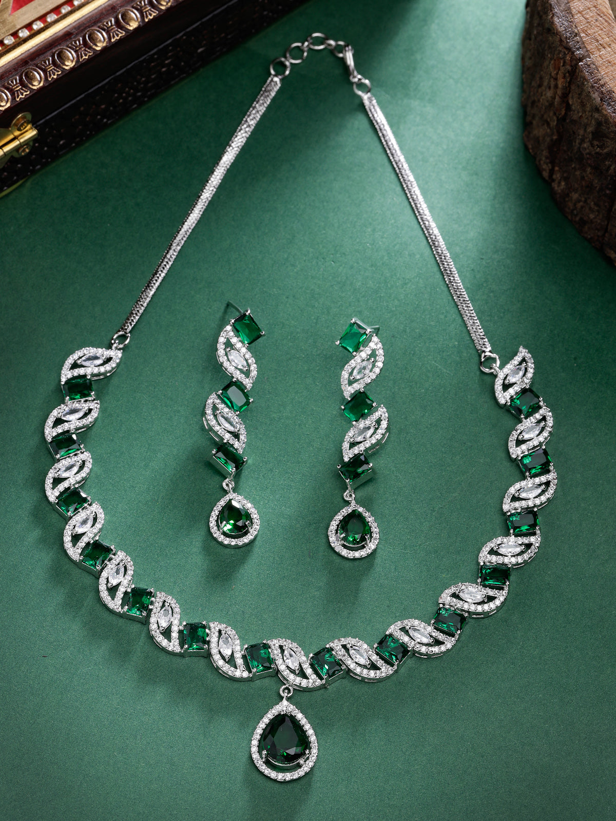 Sukkhi Beautiful Rhodium Plated Drop Shaped Cubic Zirconia Stone Studded Silver Green Choker Necklace Set with Dangler Earrings Jewellery Set for Women & Girls|Set of 1|NS106840