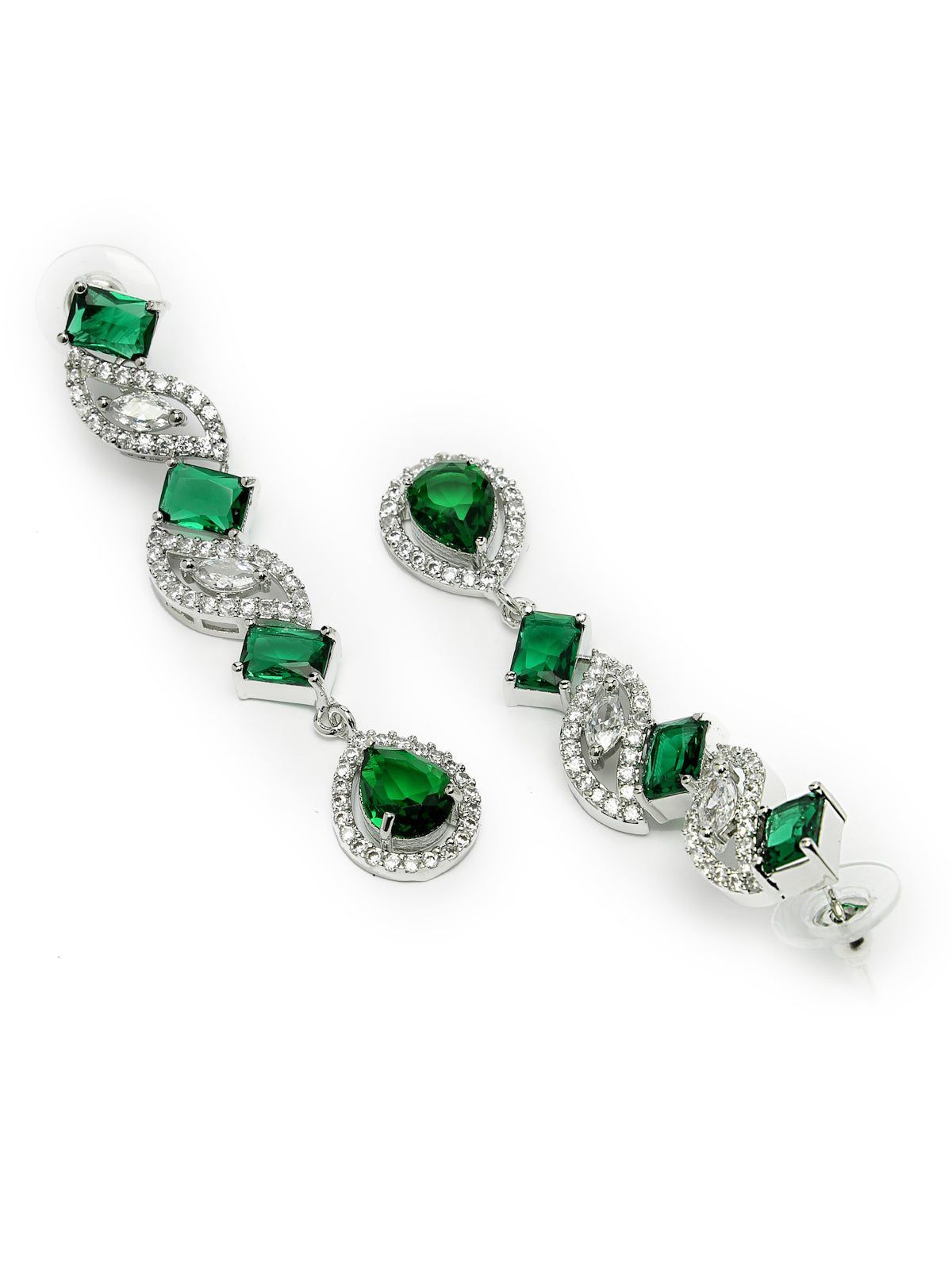 Sukkhi Beautiful Rhodium Plated Drop Shaped Cubic Zirconia Stone Studded Silver Green Choker Necklace Set with Dangler Earrings Jewellery Set for Women & Girls|Set of 1|NS106840