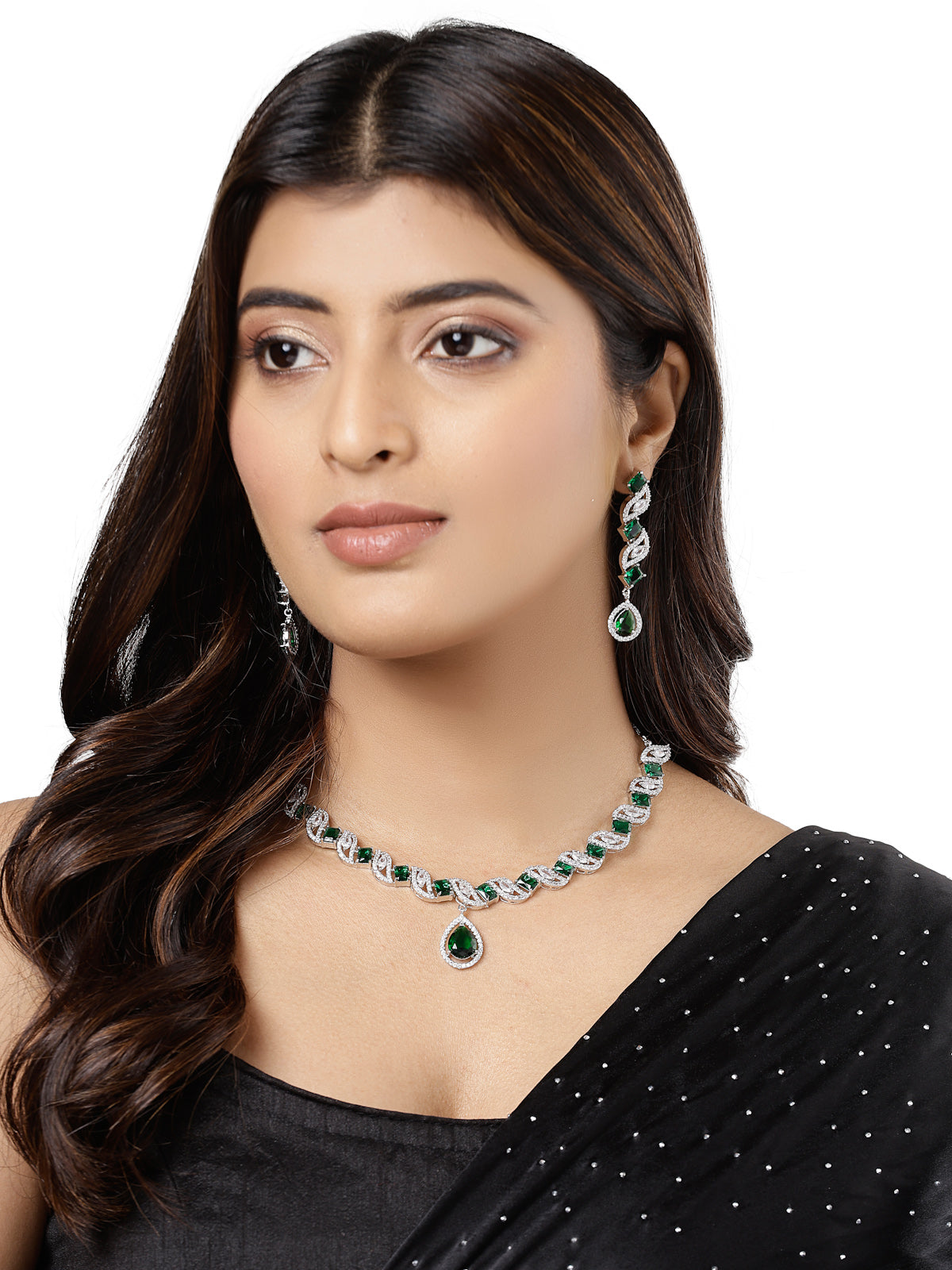Sukkhi Beautiful Rhodium Plated Drop Shaped Cubic Zirconia Stone Studded Silver Green Choker Necklace Set with Dangler Earrings Jewellery Set for Women & Girls|Set of 1|NS106840