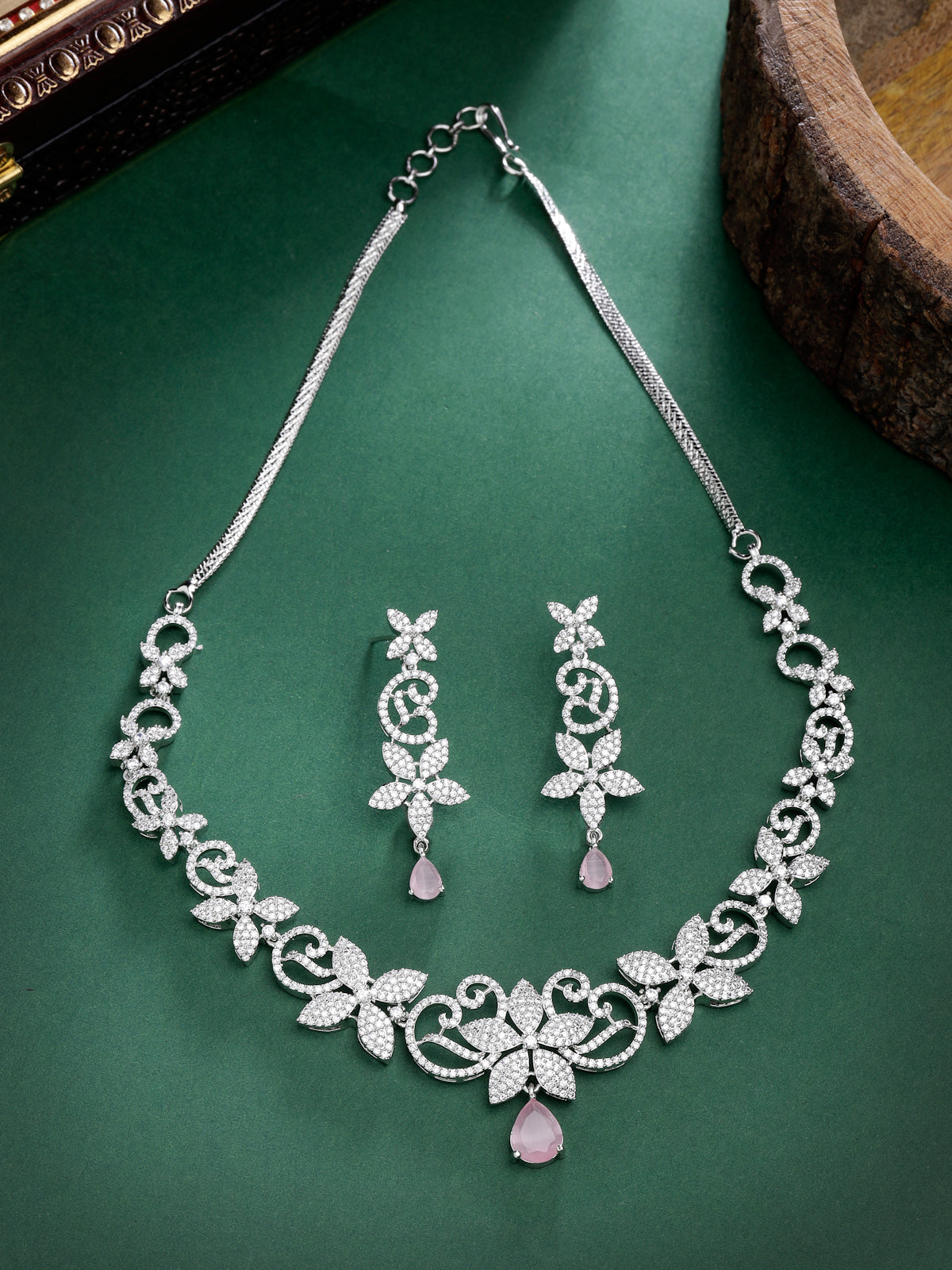 Sukkhi Glamorous Rhodium Plated Floral Shaped Cubic Zirconia Stones Studded Silver Pink Choker Necklace Set with Dangler Earrings Jewellery Set for Women & Girls|Set of 1|NS106841
