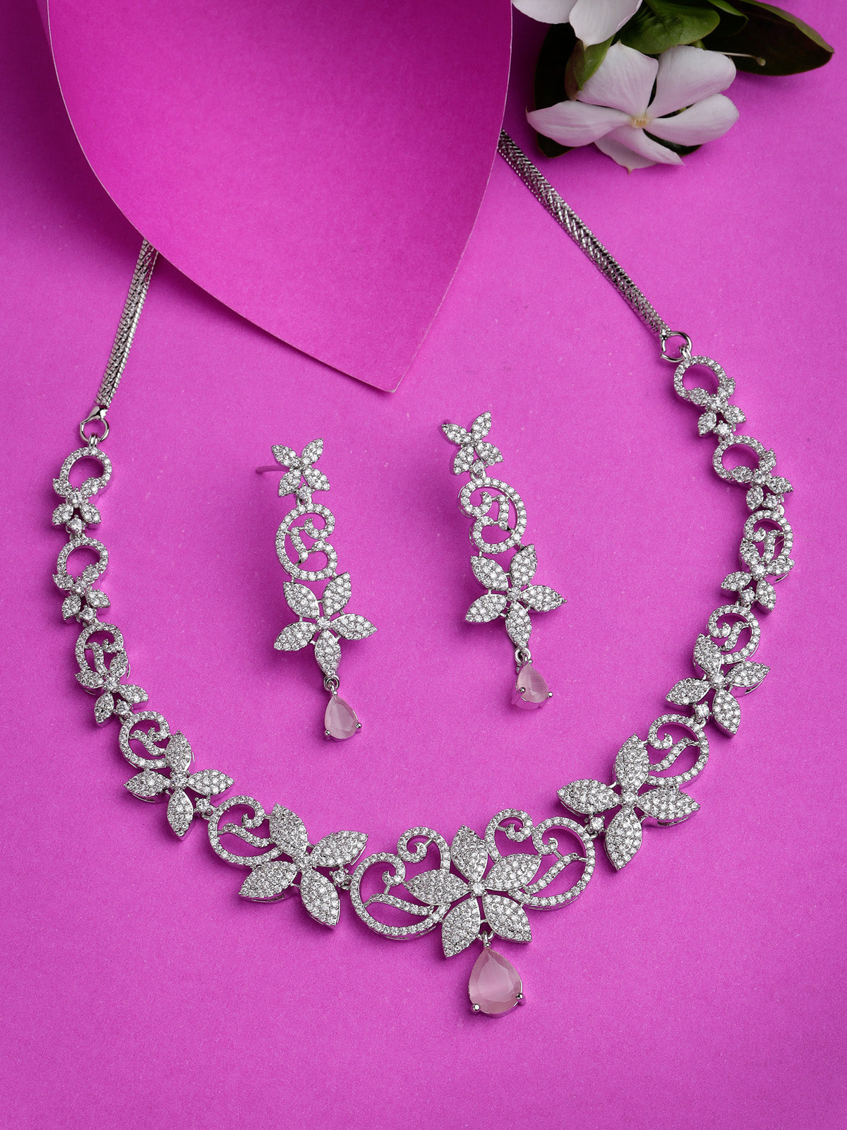 Sukkhi Glamorous Rhodium Plated Floral Shaped Cubic Zirconia Stones Studded Silver Pink Choker Necklace Set with Dangler Earrings Jewellery Set for Women & Girls|Set of 1|NS106841