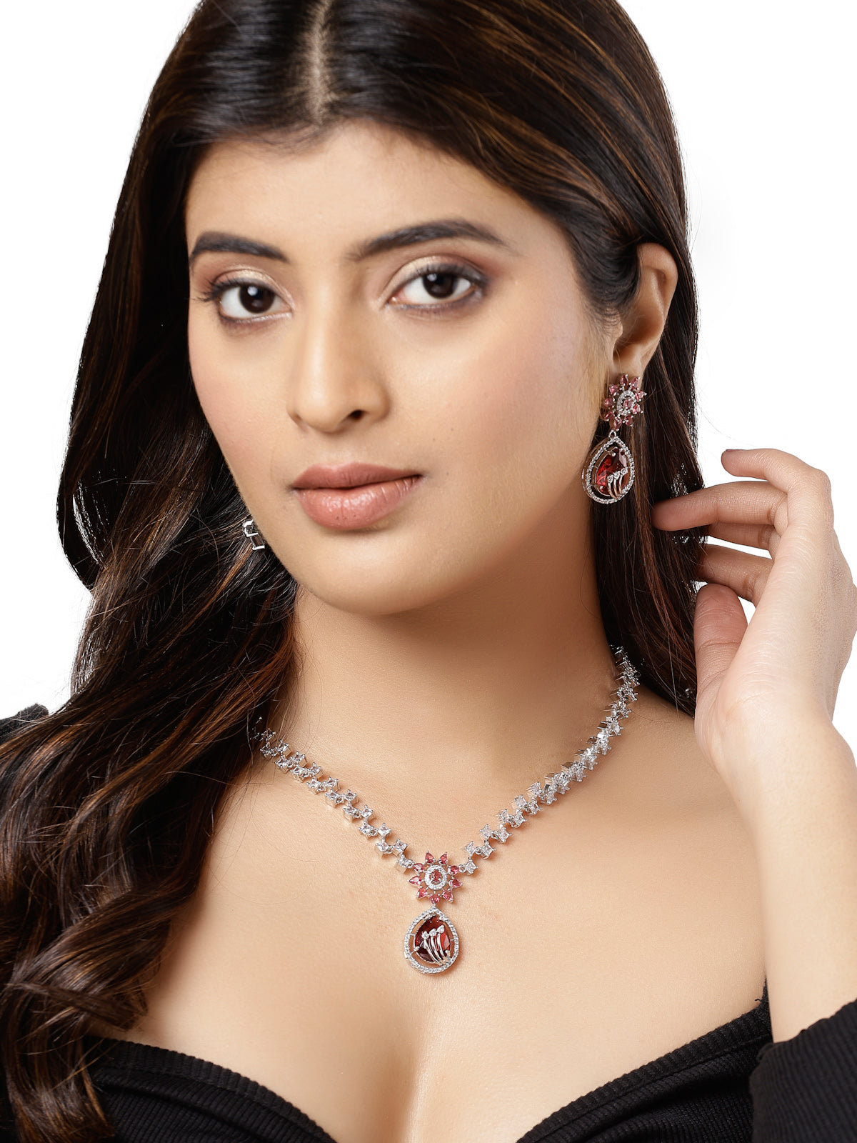 Sukkhi Fashionable Rhodium Plated Floral Shaped With Cubic Zirconia & Ruby Stones Studded Silver Red Choker Necklace Set with Dangler Earrings Jewellery Set for Women & Girls|Set of 1|NS106842