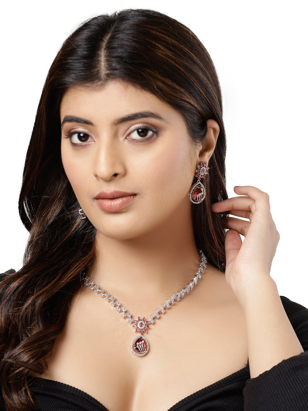 Sukkhi Fashionable Rhodium Plated Floral Shaped With Cubic Zirconia & Ruby Stones Studded Silver Red Choker Necklace Set with Dangler Earrings Jewellery Set for Women & Girls|Set of 1|NS106842