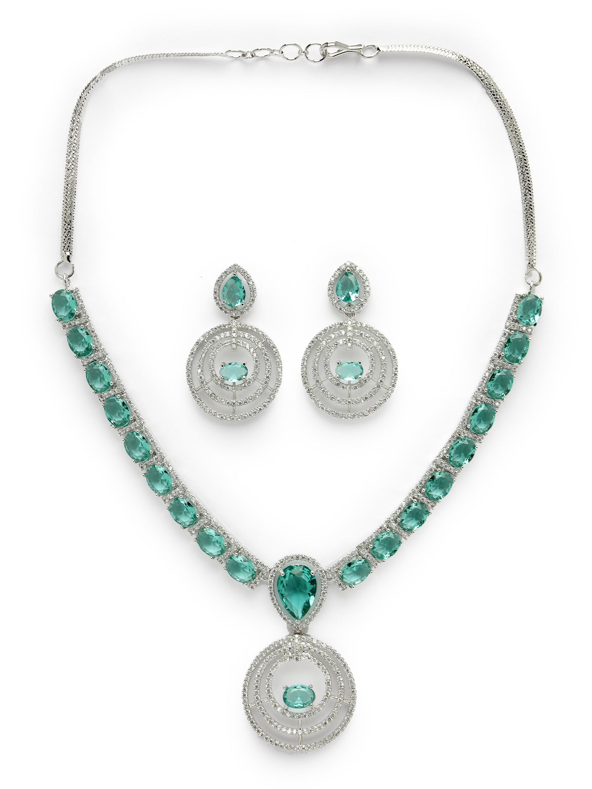Sukkhi Sparkling Rhodium Plated Cubic Zirconia Diamond Studded Silver Green Choker Necklace Set with Dangler Earrings Jewellery Set for Women & Girls|Set of 1|NS106847