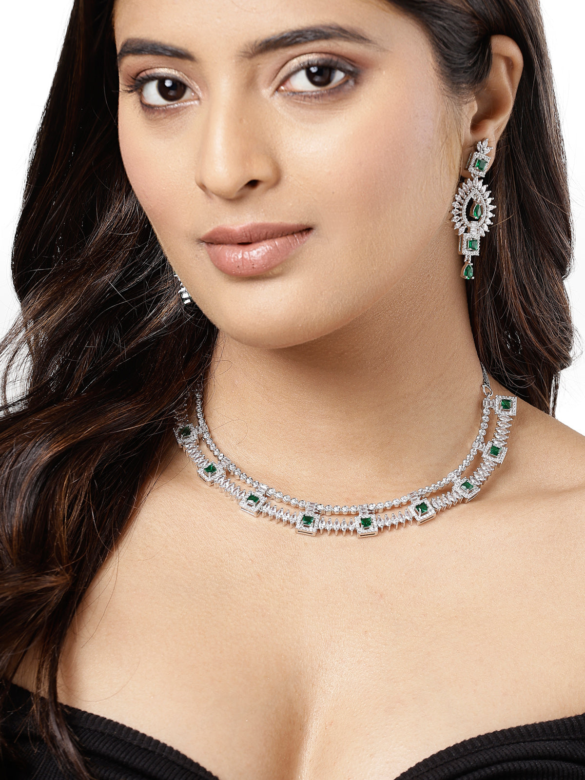 Sukkhi Unique Rhodium Plated Cubic Zirconia Diamond Studded Silver Emerald Green Choker Necklace Set with Dangler Earrings Jewellery Set for Women & Girls|Set of 1|NS106848