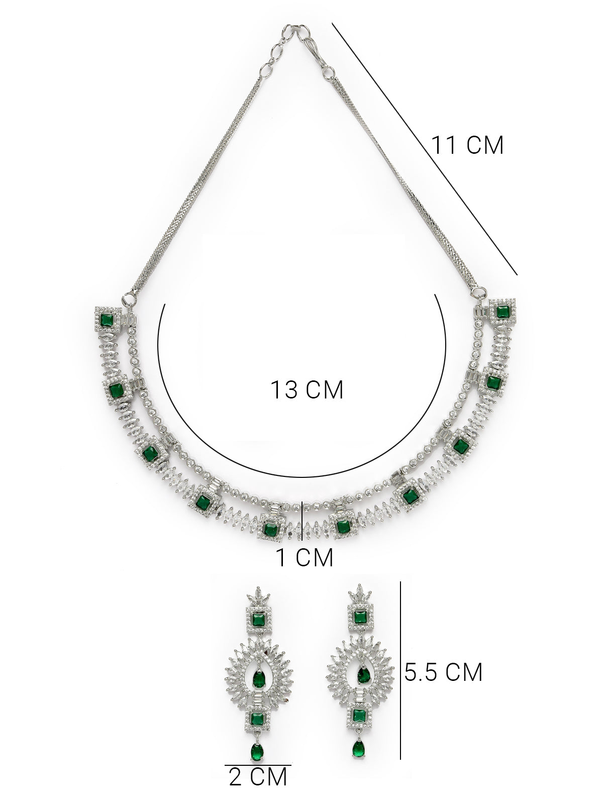 Sukkhi Unique Rhodium Plated Cubic Zirconia Diamond Studded Silver Emerald Green Choker Necklace Set with Dangler Earrings Jewellery Set for Women & Girls|Set of 1|NS106848