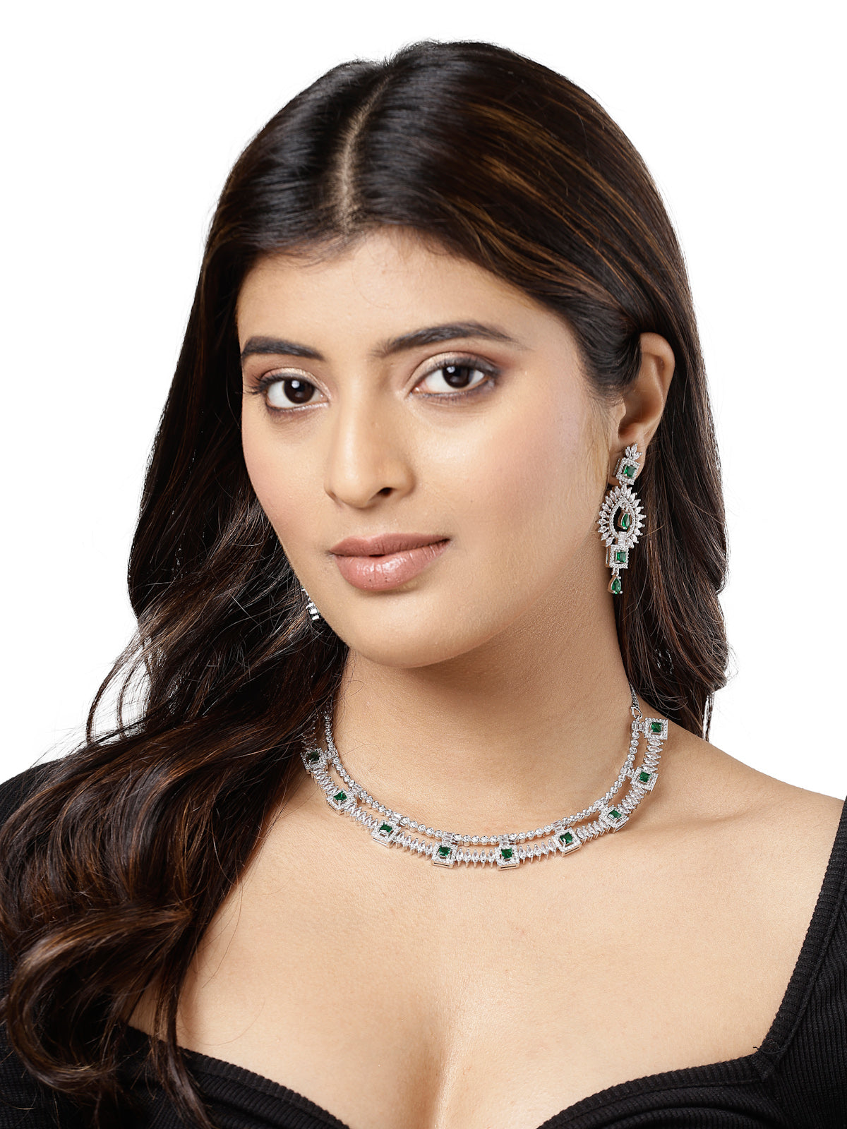 Sukkhi Unique Rhodium Plated Cubic Zirconia Diamond Studded Silver Emerald Green Choker Necklace Set with Dangler Earrings Jewellery Set for Women & Girls|Set of 1|NS106848
