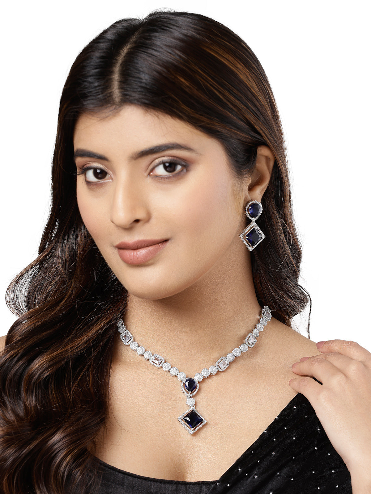 Sukkhi Ultra-Modern Rhodium Plated Cubic Zirconia Diamond Studded Silver Blue Choker Necklace Set with Dangler Earrings Jewellery Set for Women & Girls|Set of 1|NS106849