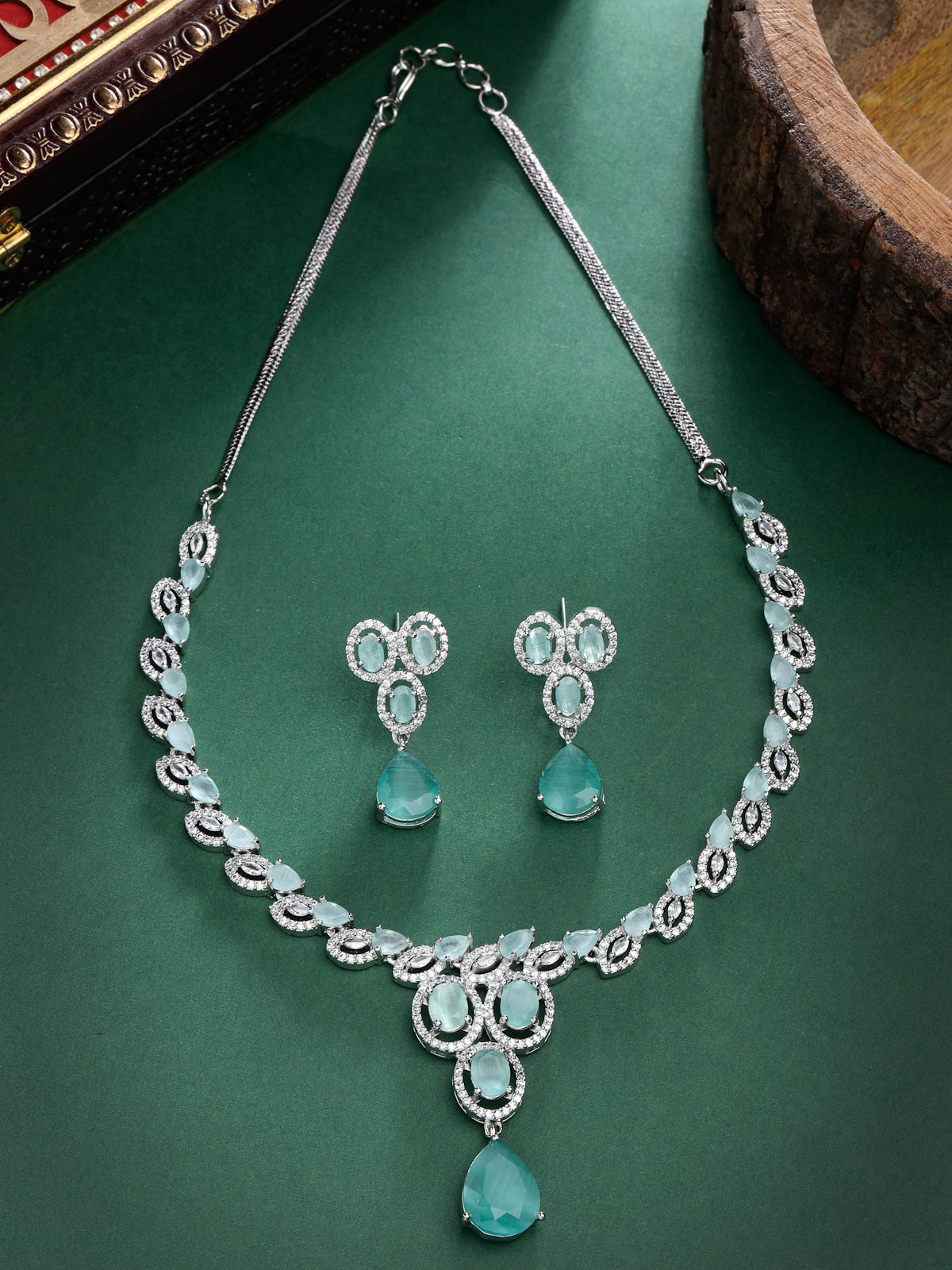Sukkhi Contemporary Desing Rhodium Plated Cubic Zirconia Diamond Studded with Drop Style Silver Sky Blue Choker Necklace Set with Drop Earrings Jewellery Set for Women & Girls|Set of 1|NS106850
