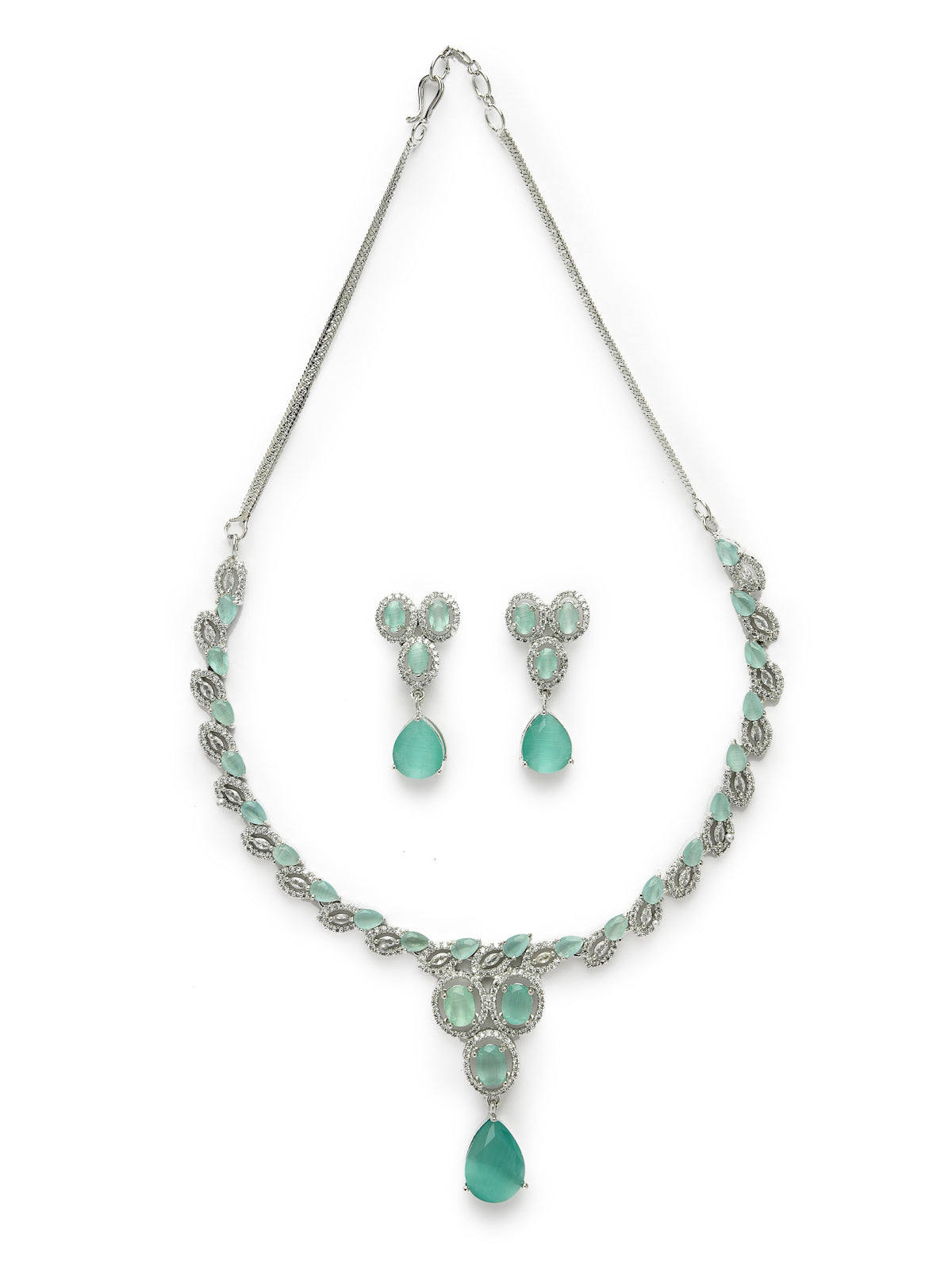 Sukkhi Contemporary Desing Rhodium Plated Cubic Zirconia Diamond Studded with Drop Style Silver Sky Blue Choker Necklace Set with Drop Earrings Jewellery Set for Women & Girls|Set of 1|NS106850