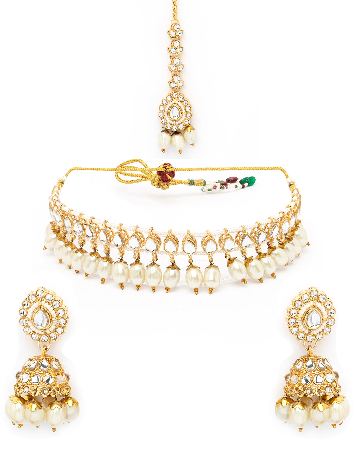 Sukkhi Traditional Kundan Studded Gold Plated White Peals Choker Necklace Set with Jhumka\Jhumki Earring & Mangtikka Jewellery for Women|NS106971