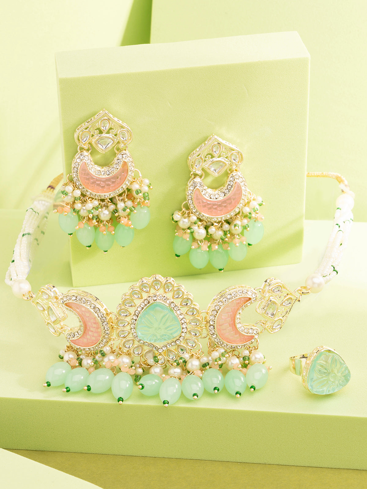 Sukkhi Stylish Multicolor Stone & Multistand Beaded Gold Plated Kundan Choker Necklace Set with Chandbali Earring Jewellery for Women|NS106972