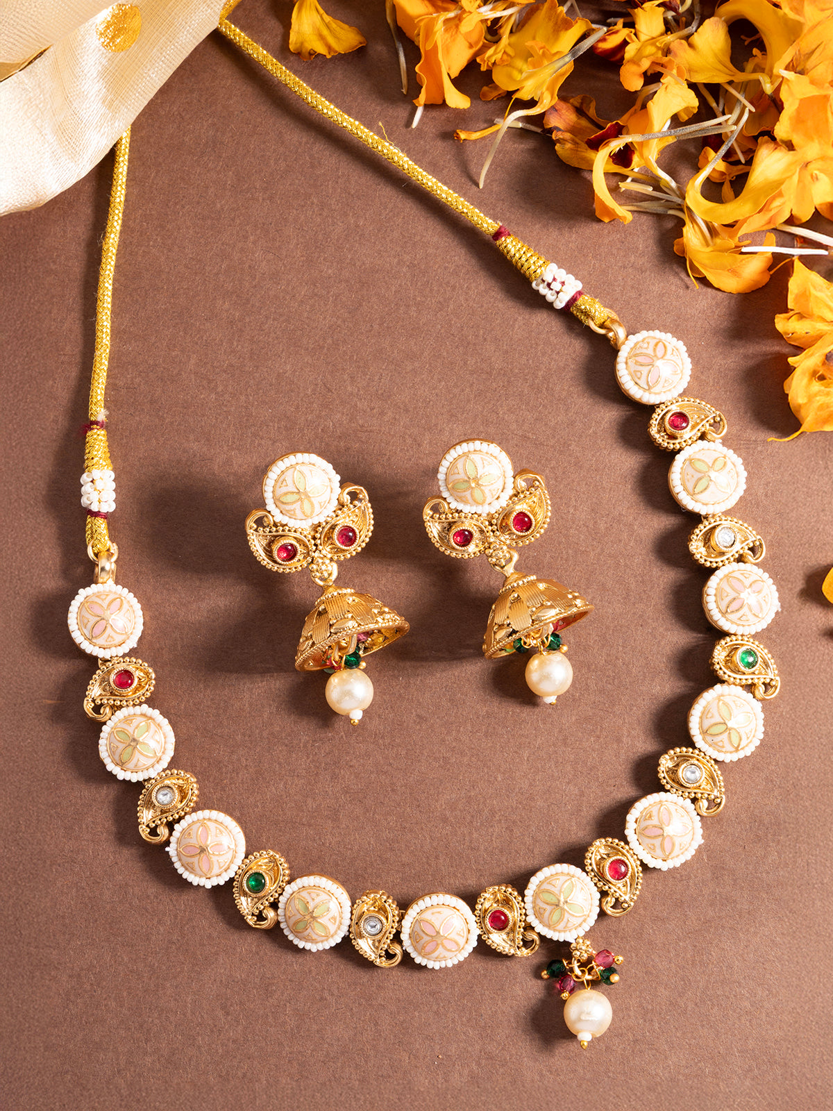 Sukkhi Attractive 18k Gold Plated Pearl Studded Meenakari Work Choker Necklace Set with Jhumka/Jhumki Earring for Women|NS106974