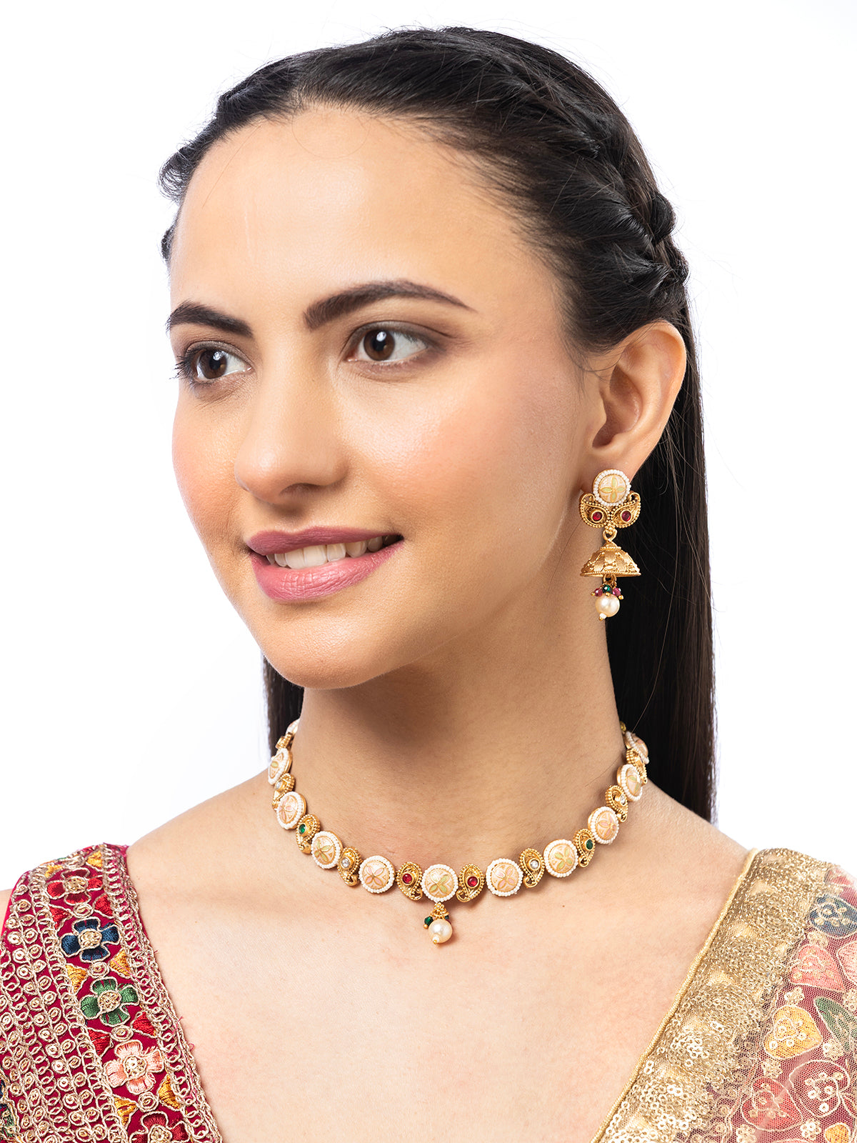 Sukkhi Attractive 18k Gold Plated Pearl Studded Meenakari Work Choker Necklace Set with Jhumka/Jhumki Earring for Women|NS106974