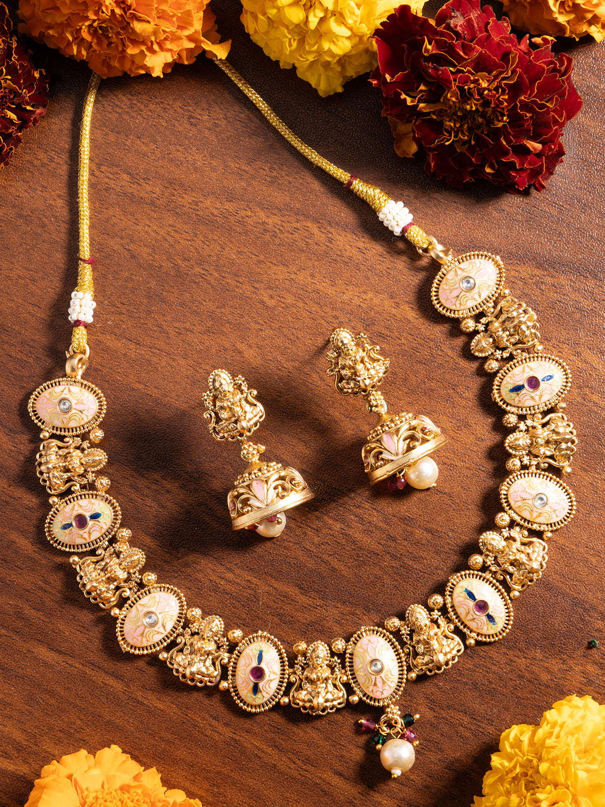 Sukkhi Traditional Gold Plated Laxmi Design with Meenakri Work Choker Necklace with Jhumka/Jhumki Earring Jewellery for Women|NS106976