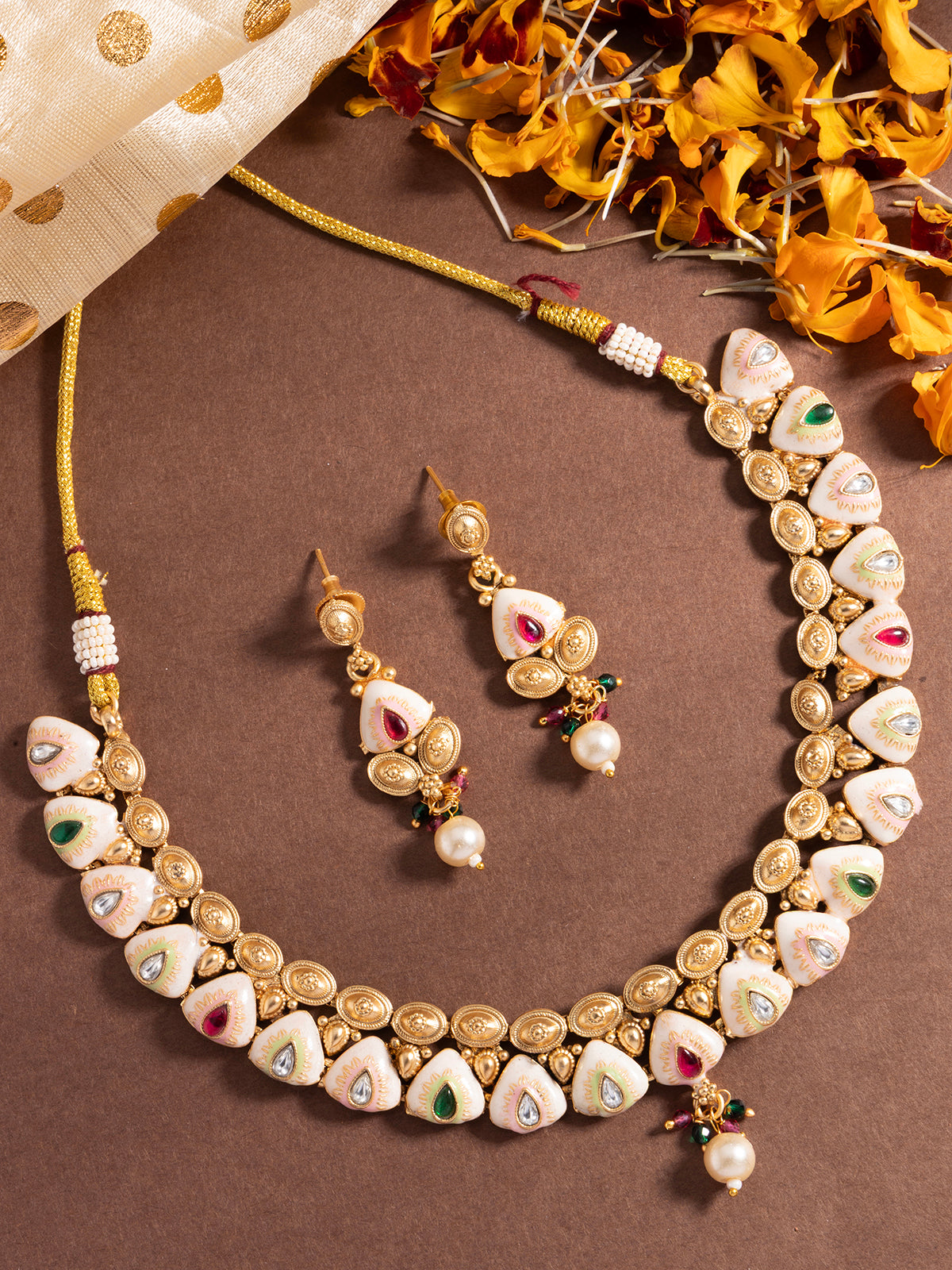 Sukkhi Classic-Inspired Kundan Studded with Meenark Work Gold Plated Choker Necklace With Dangle Earring Jewellery For Women|NS106977