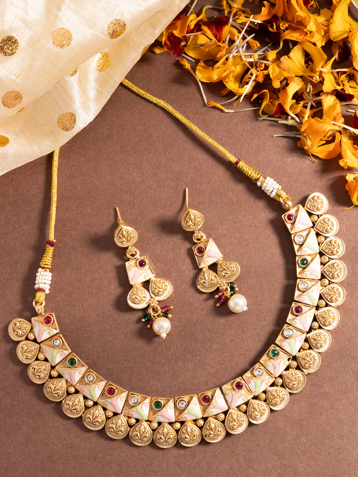 Sukkhi Trendy Fashionable Gold Plated Meenakari Work Red Green Stone Studded Choker Necklace With Dangle Earring Jewellery for Women|NS106978