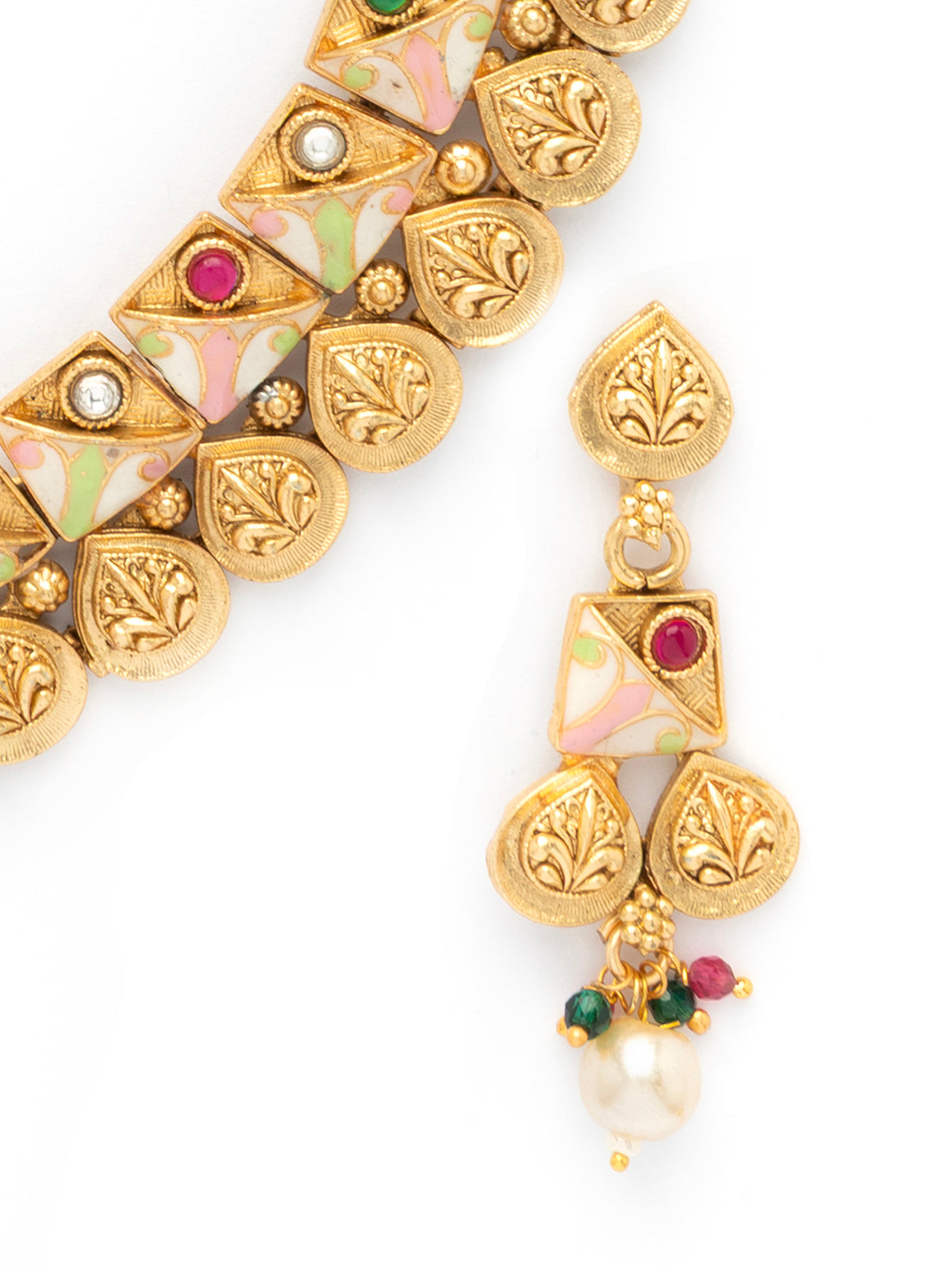 Sukkhi Trendy Fashionable Gold Plated Meenakari Work Red Green Stone Studded Choker Necklace With Dangle Earring Jewellery for Women|NS106978