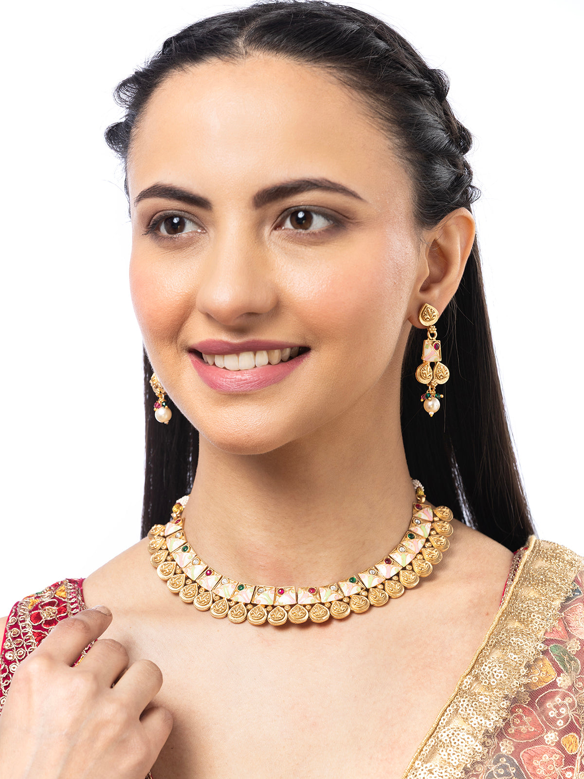 Sukkhi Trendy Fashionable Gold Plated Meenakari Work Red Green Stone Studded Choker Necklace With Dangle Earring Jewellery for Women|NS106978