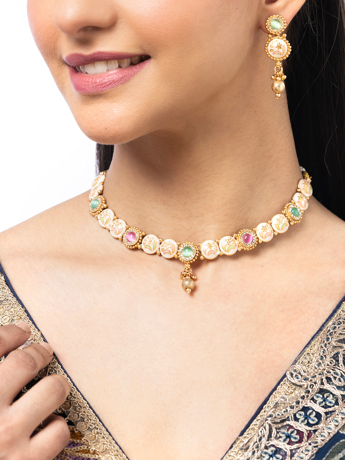 Sukkhi Stylish Gold Plated Meenakri with AD Stones Studded Choker Necklace & Dangle Earring Jewellery For Women|NS106980